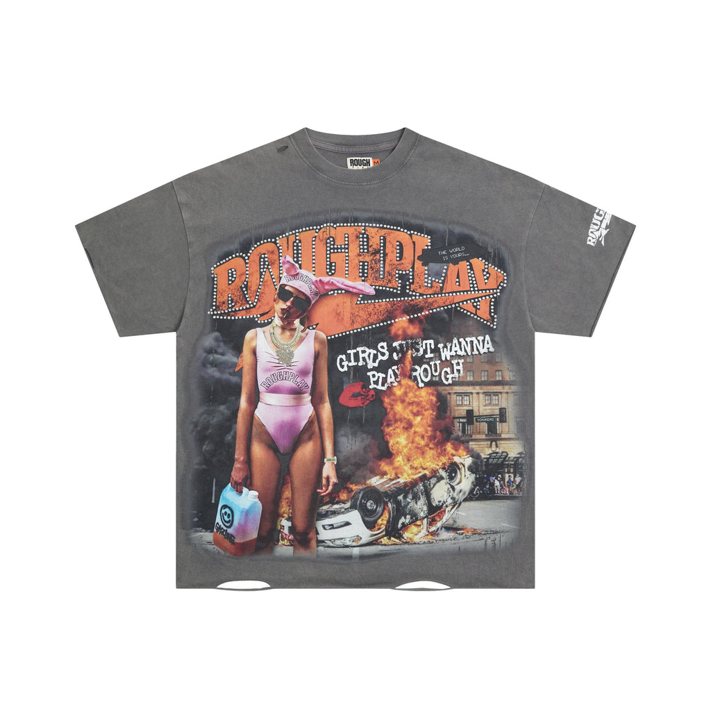 RoughPlay Urban Figure Explosion Scene Graphic Distressed Short‑Sleeve Tee Vintage Streetwear T‑Shirt