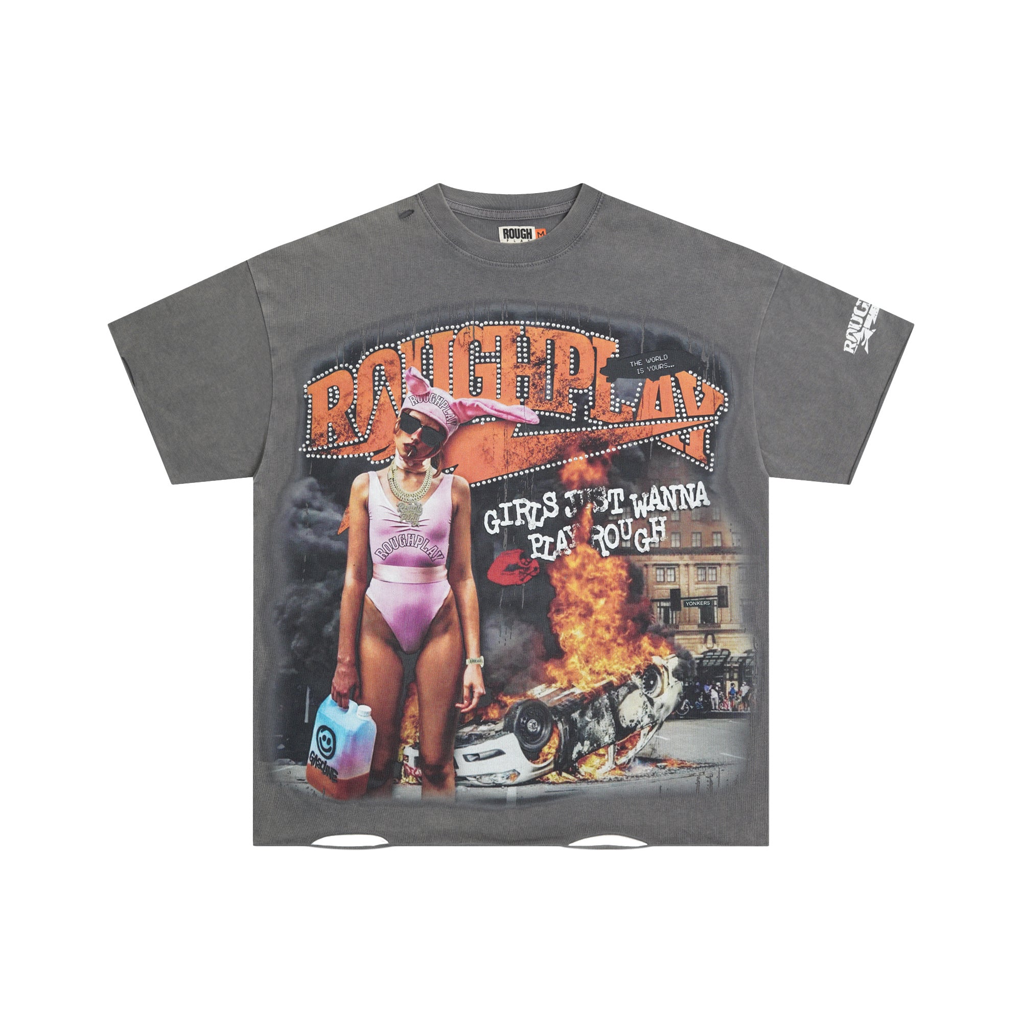 RoughPlay Urban Figure Explosion Scene Graphic Distressed Short‑Sleeve Tee Vintage Streetwear T‑Shirt