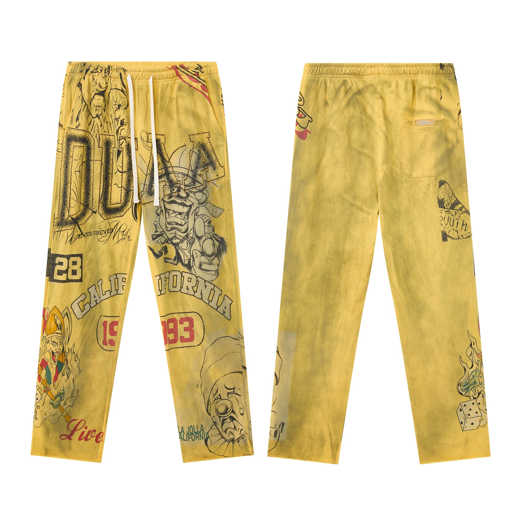 Yellow Vintage Sketch Letter Graphic Wide Leg Pants