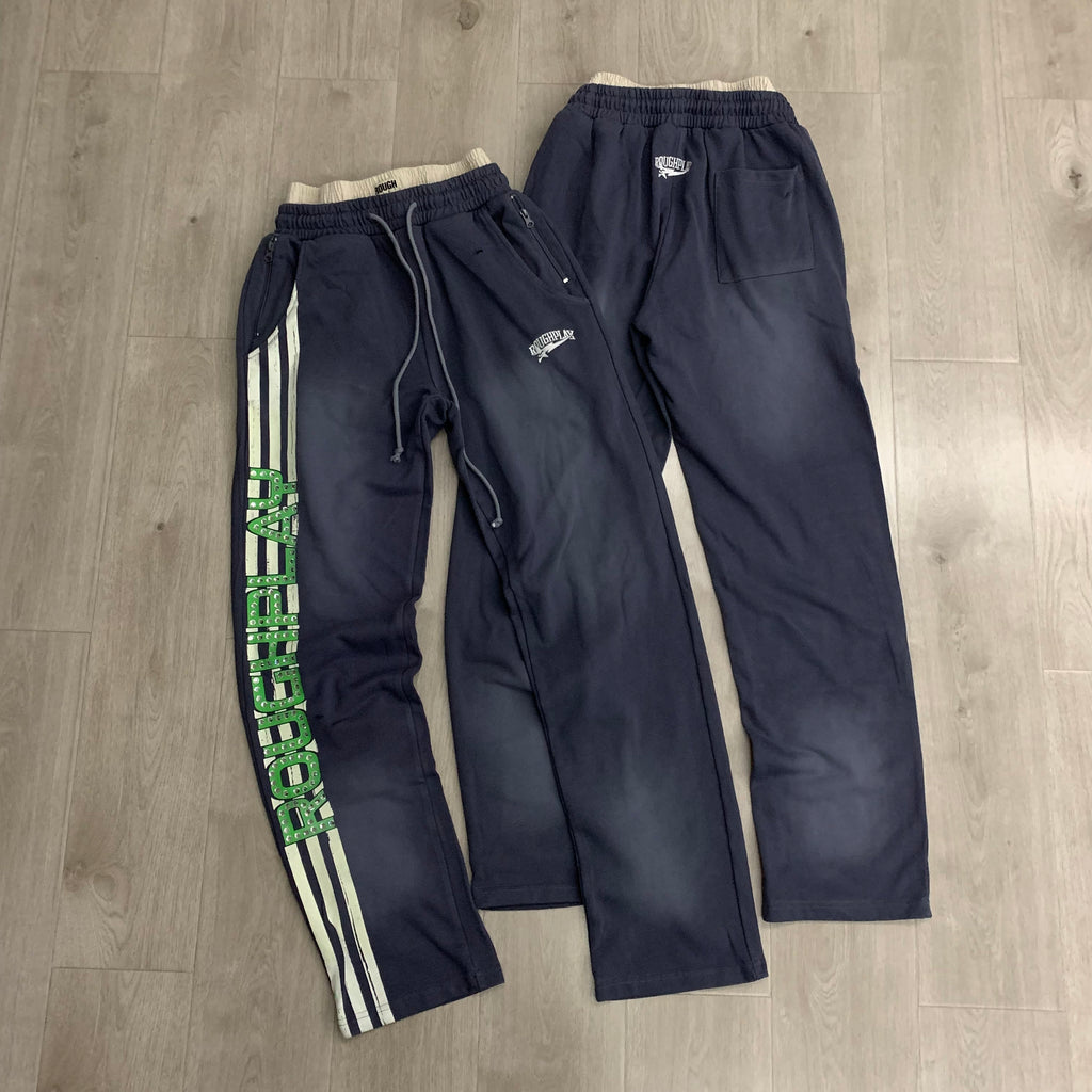 RoughPlay Dark Grey Side Stripe Green Letter Straight Leg Sweatpants