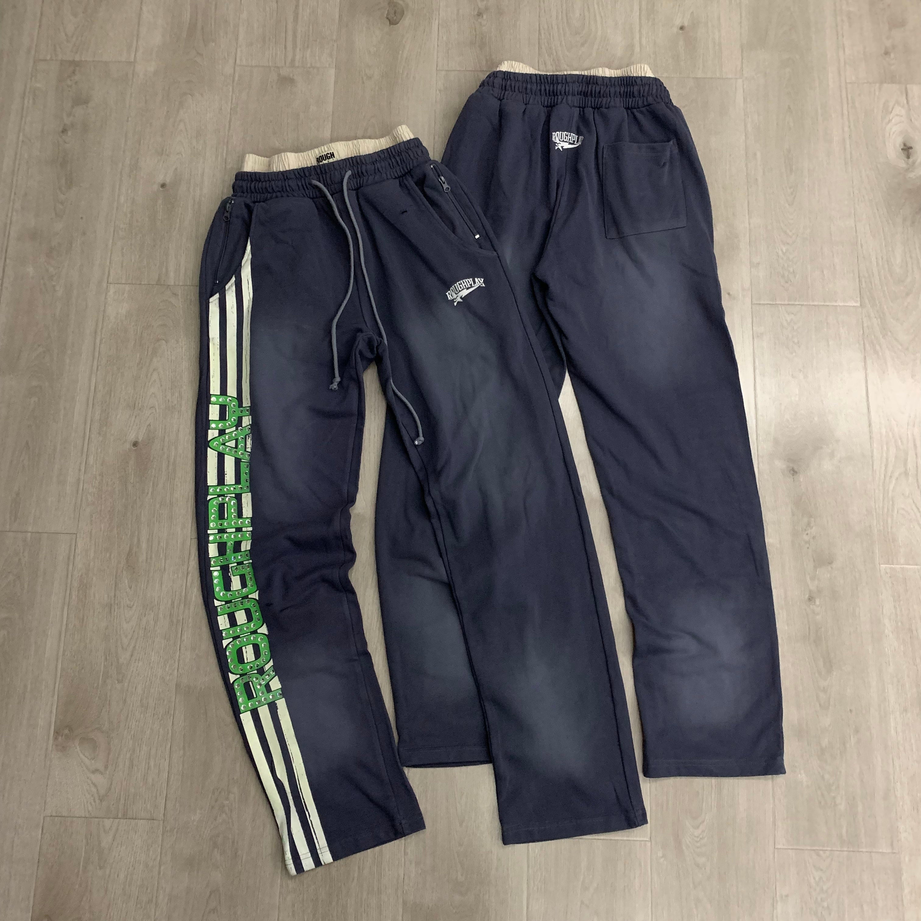 RoughPlay Dark Grey Side Stripe Green Letter Straight Leg Sweatpants
