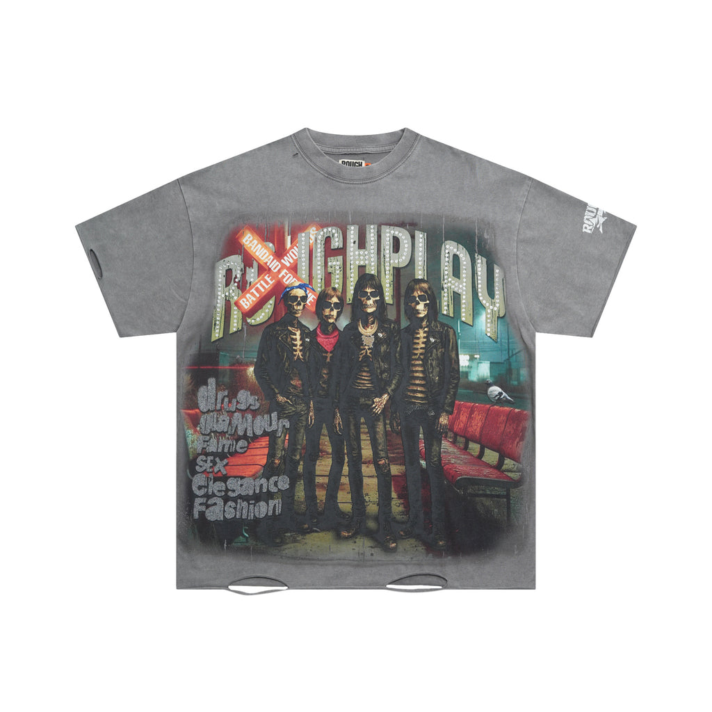 RoughPlay Rock Band Portrait Graphic Distressed Short‑Sleeve Tee Vintage Streetwear T‑Shirt