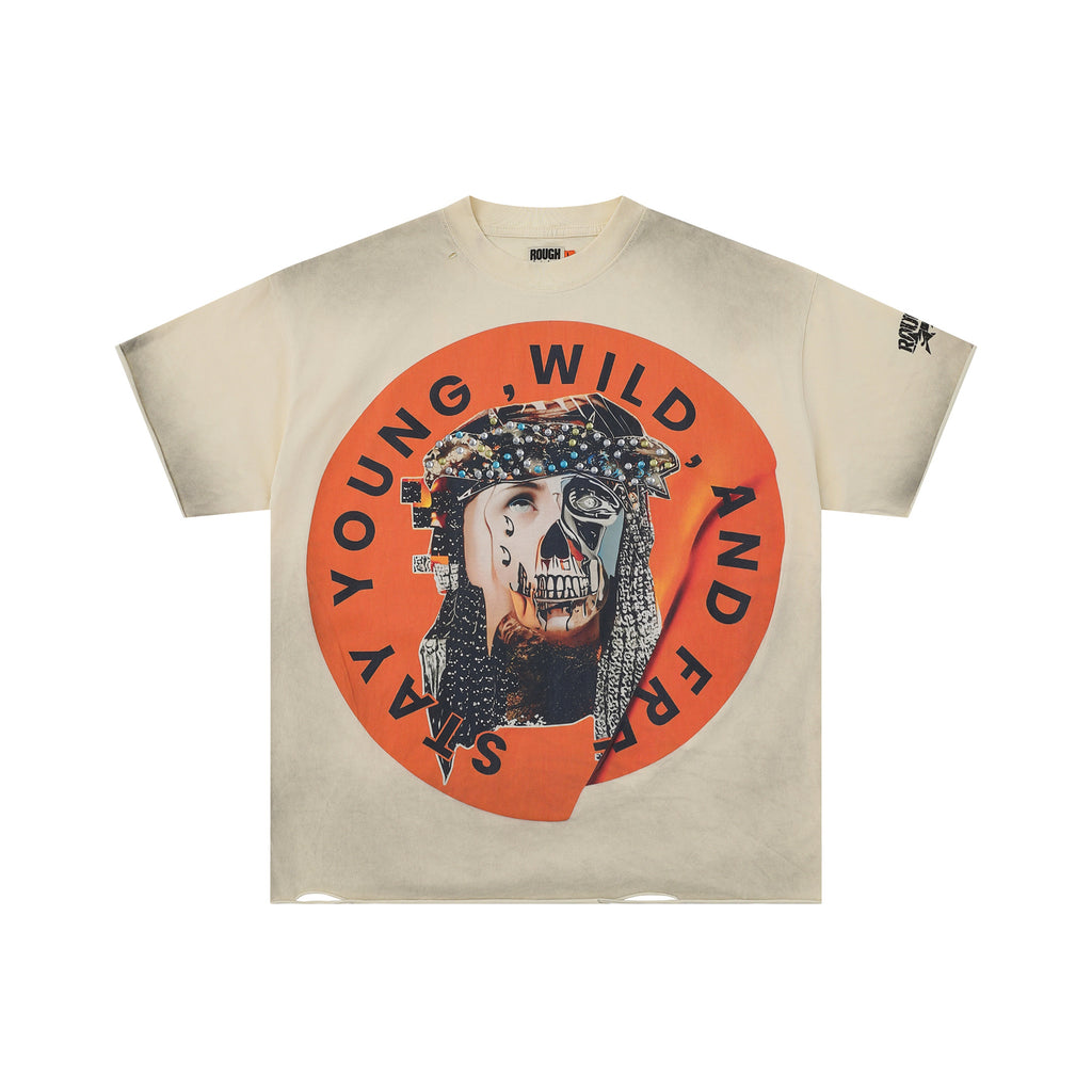 RoughPlay Stay Young Wild And Free Skull Portrait Graphic Distressed Short‑Sleeve Tee Vintage Streetwear T‑Shirt