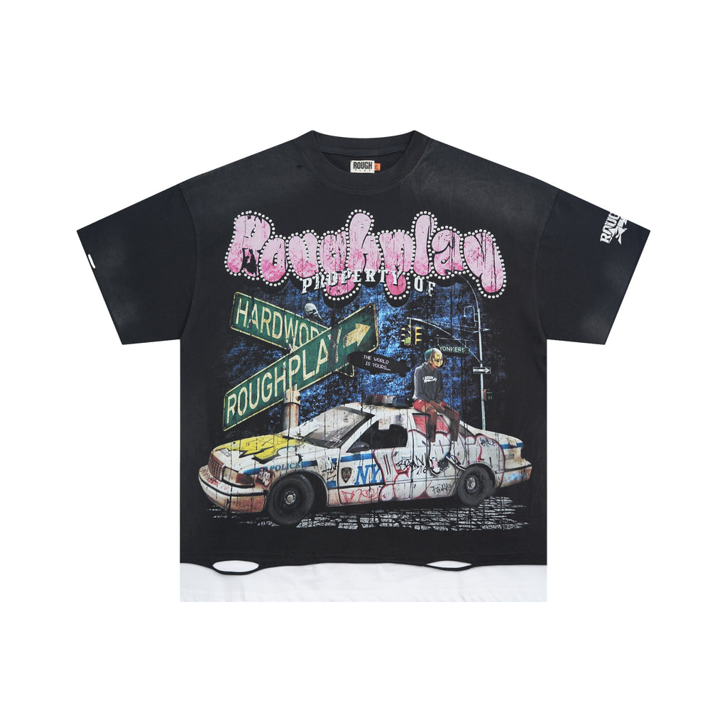 RoughPlay Street Car Graphic Distressed Short‑Sleeve Tee Vintage Streetwear T‑Shirt