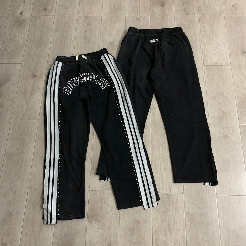 RoughPlay Black Double‑Side White Stripe Straight Leg Sweatpants