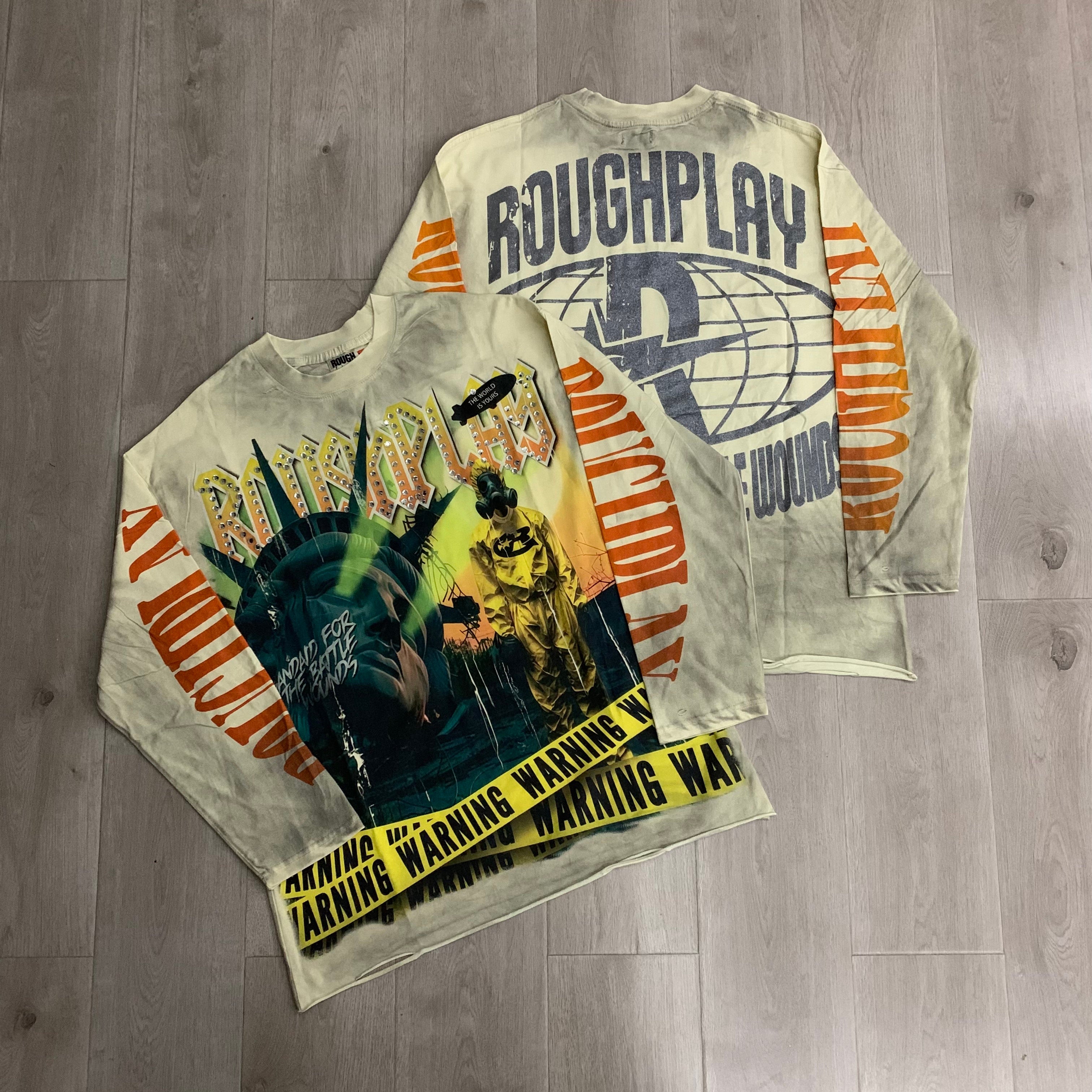 RoughPlay Warning Tape Statue Of Liberty Off‑White Vintage Distressed Long Sleeve Tee