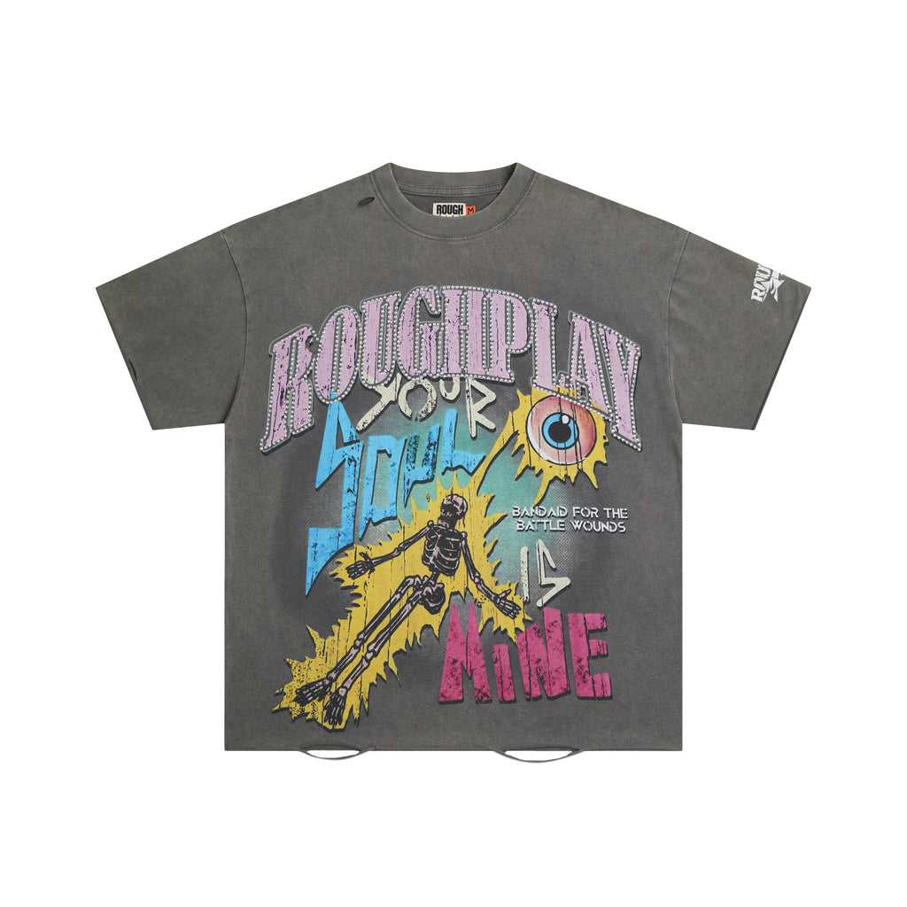 RoughPlay Skeleton Eyeball Graphic Distressed Short‑Sleeve Tee Vintage Gothic Streetwear T‑Shirt