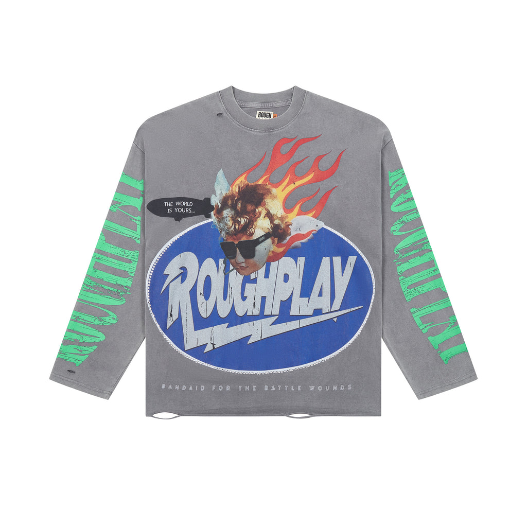 RoughPlay Flame Portrait Vintage Distressed Long Sleeve Tee