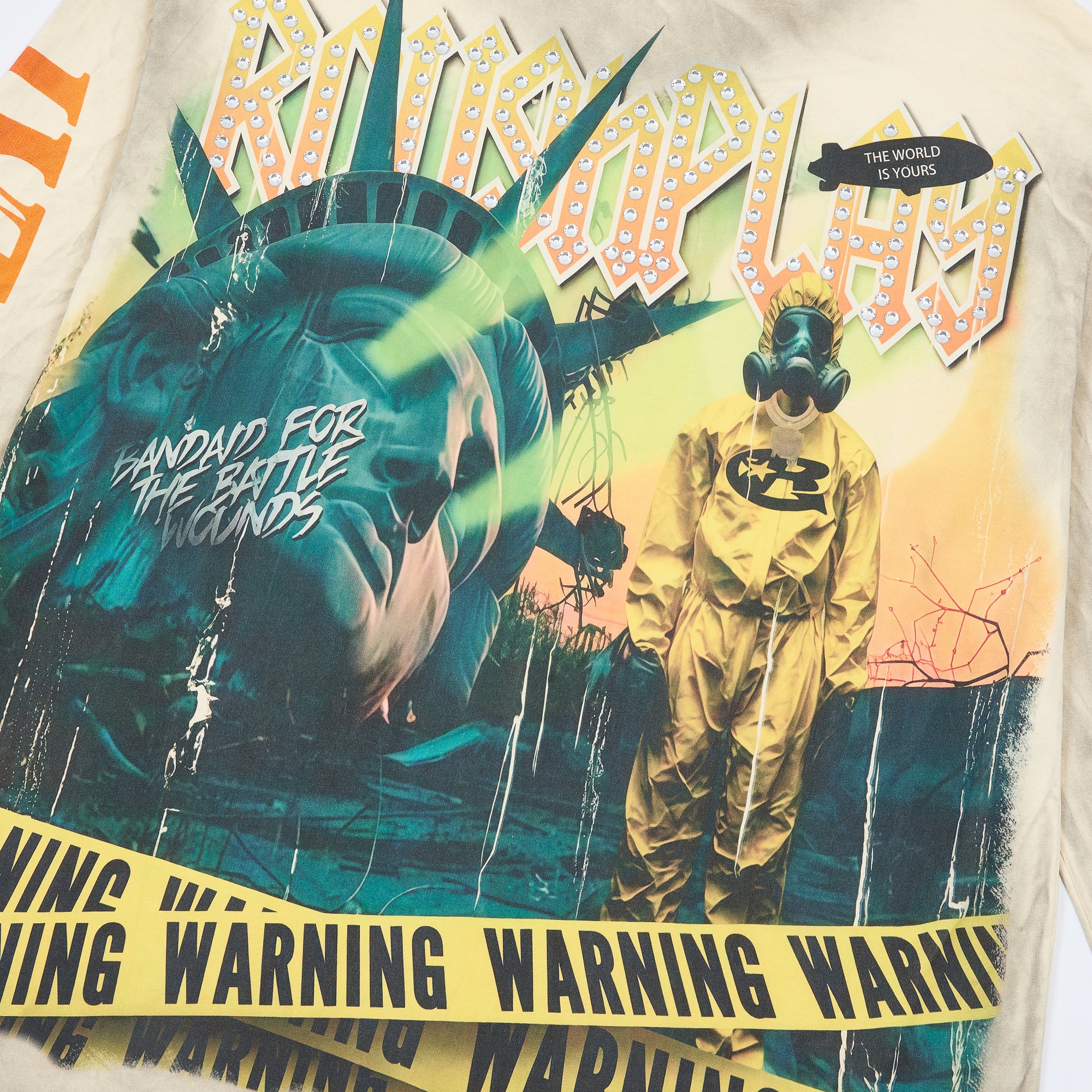 RoughPlay Warning Tape Statue Of Liberty Off‑White Vintage Distressed Long Sleeve Tee