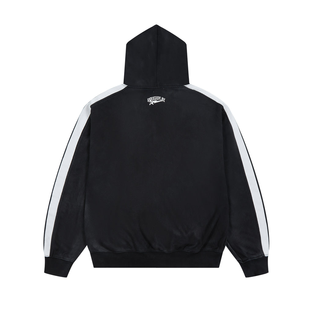 RoughPlay Varsity Letter Stripe Zip‑Up Vintage Hoodie