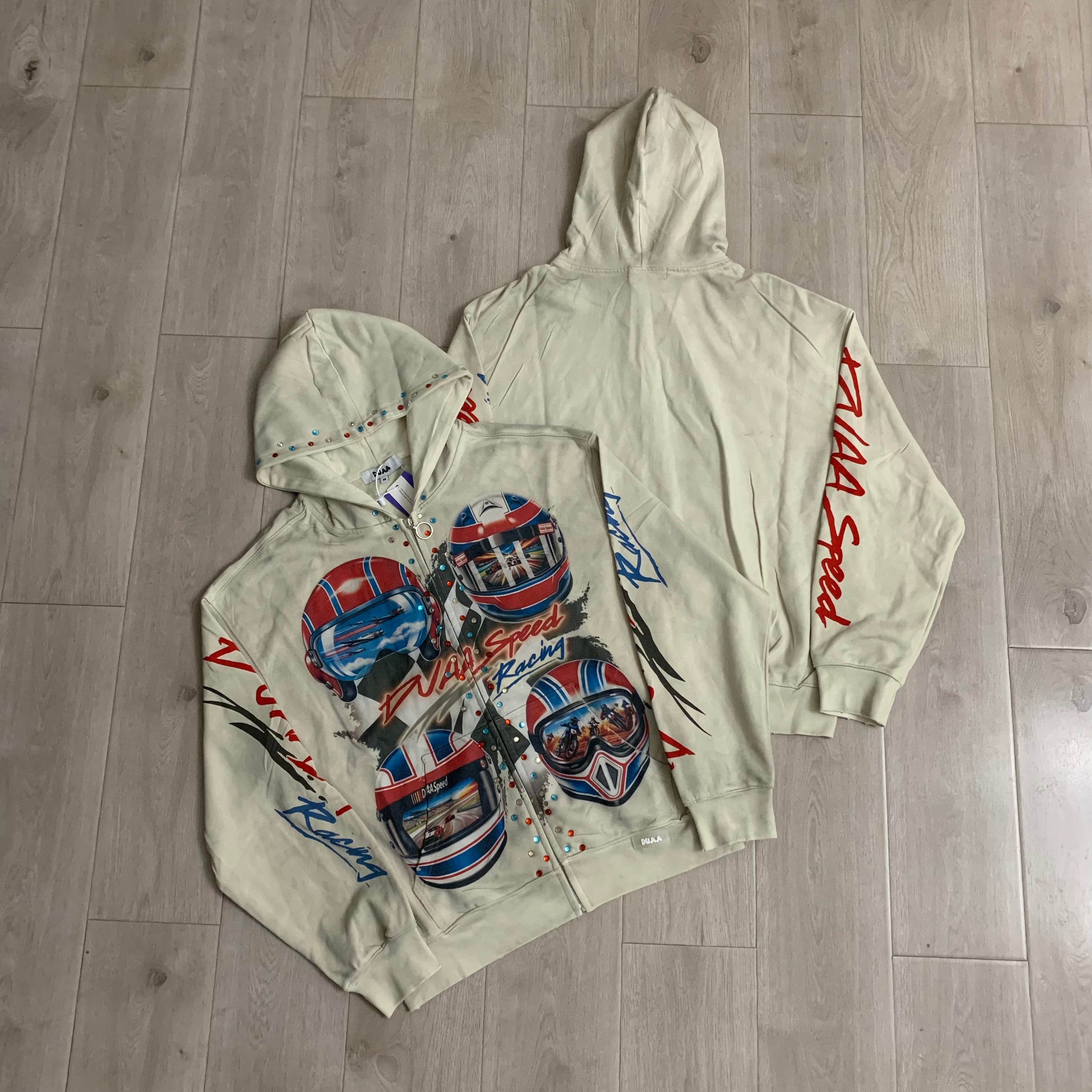 DUAA Racing Helmet Graphic Zip‑Up Hoodie Vintage Streetwear Hooded Jacket