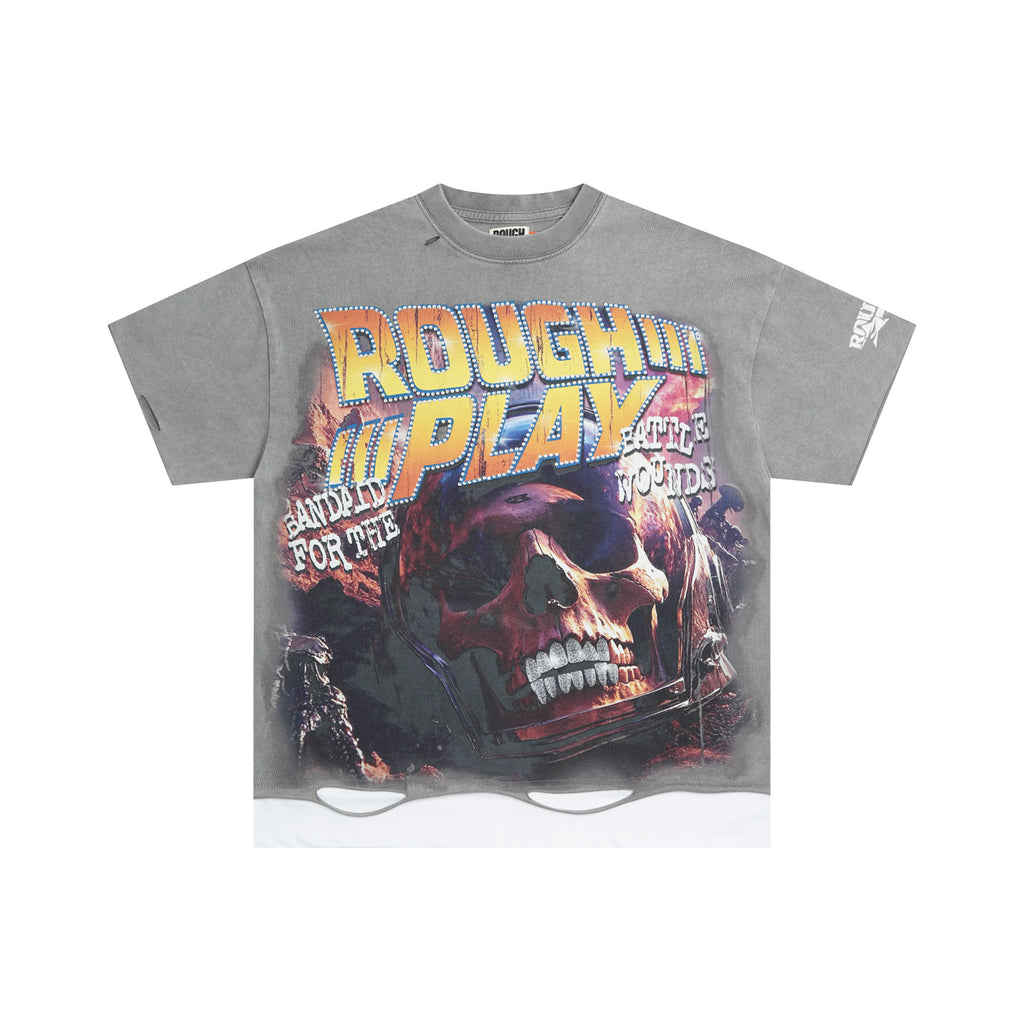 RoughPlay Skull Graphic Distressed Short‑Sleeve Tee Vintage Gothic Streetwear T‑Shirt