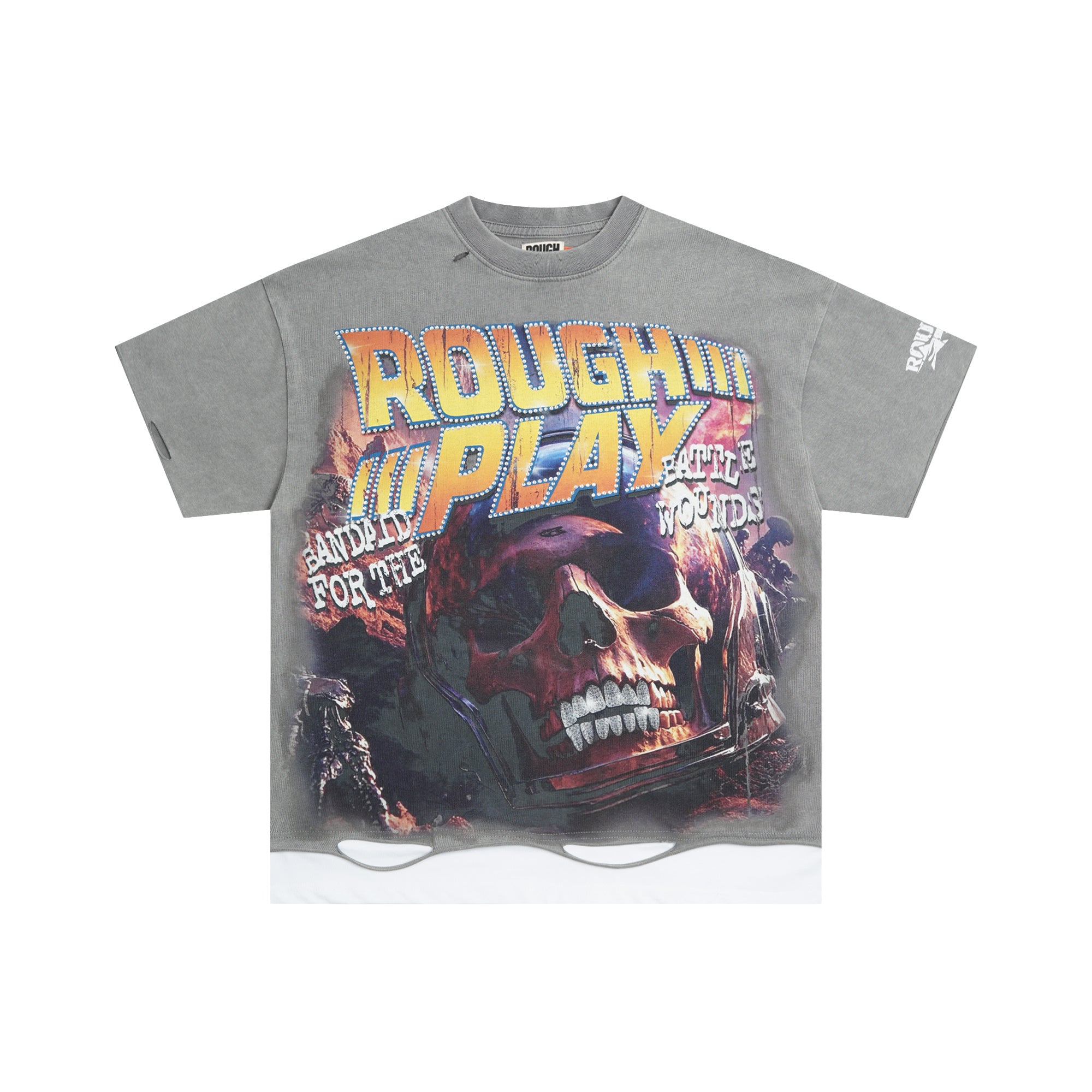 RoughPlay Skull Graphic Distressed Short‑Sleeve Tee Vintage Gothic Streetwear T‑Shirt