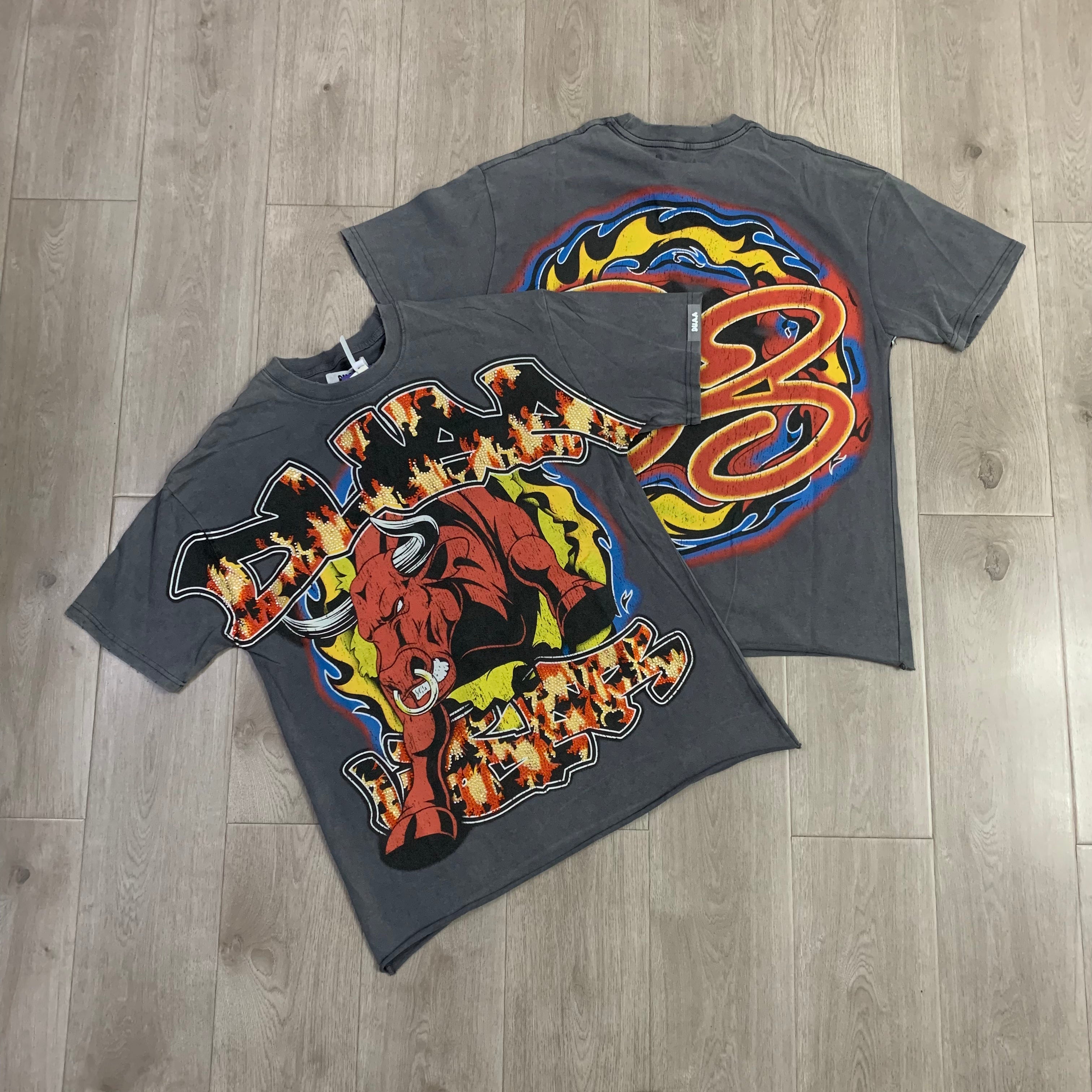 DUAA Charging Bull Fire Flame Vintage Graphic Oversized T‑Shirt