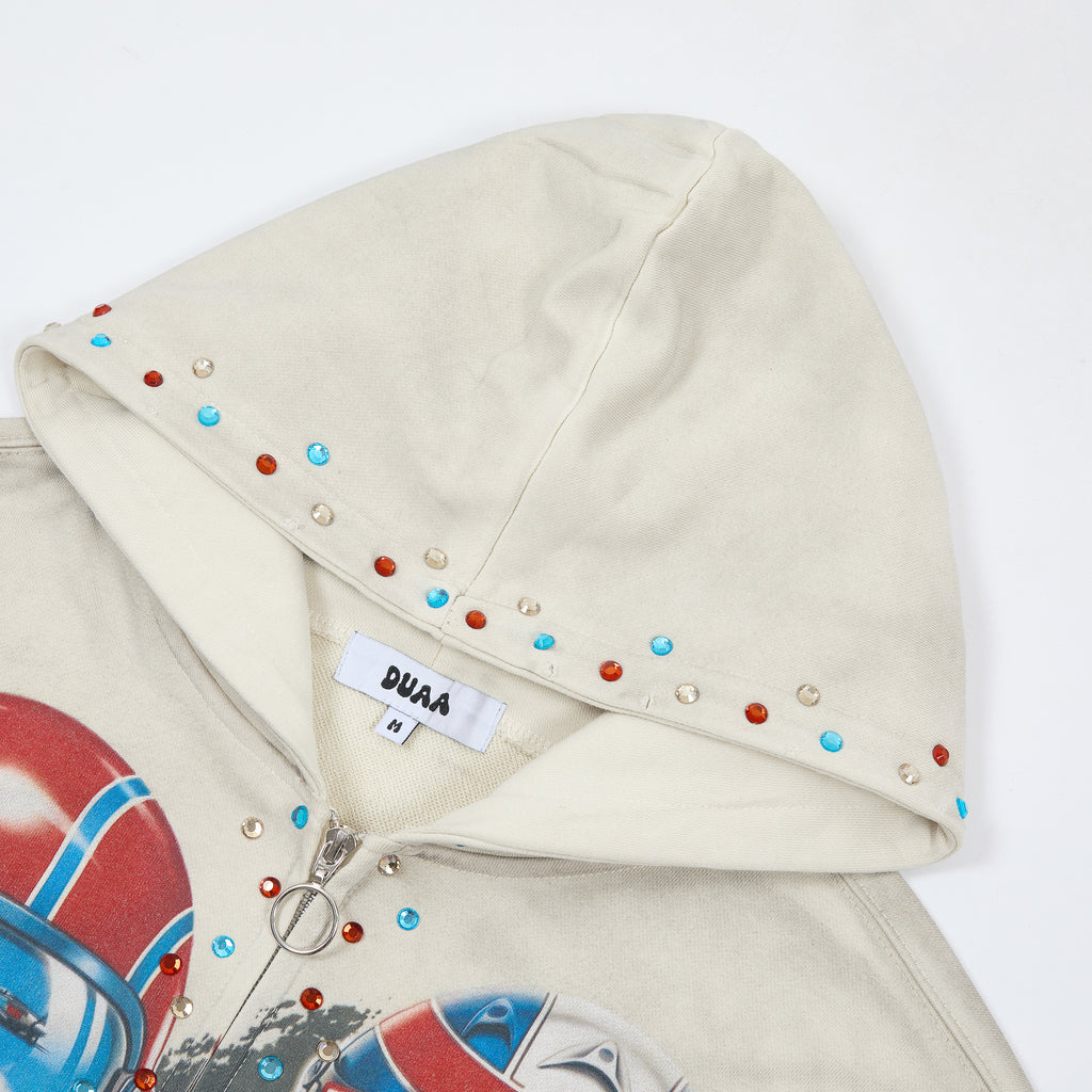 DUAA Racing Helmet Graphic Zip‑Up Hoodie Vintage Streetwear Hooded Jacket