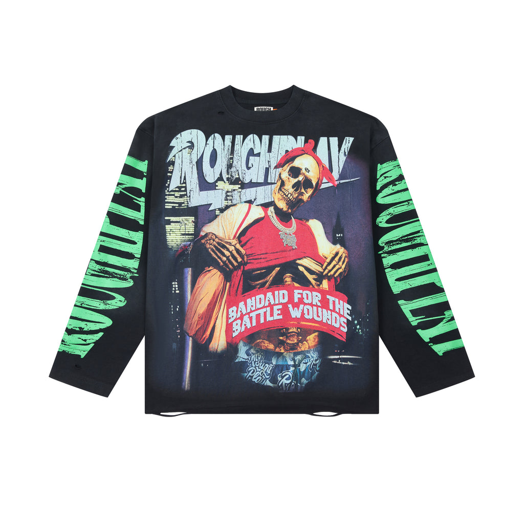 RoughPlay Skeleton Hip‑Hop Vintage Distressed Long Sleeve Tee