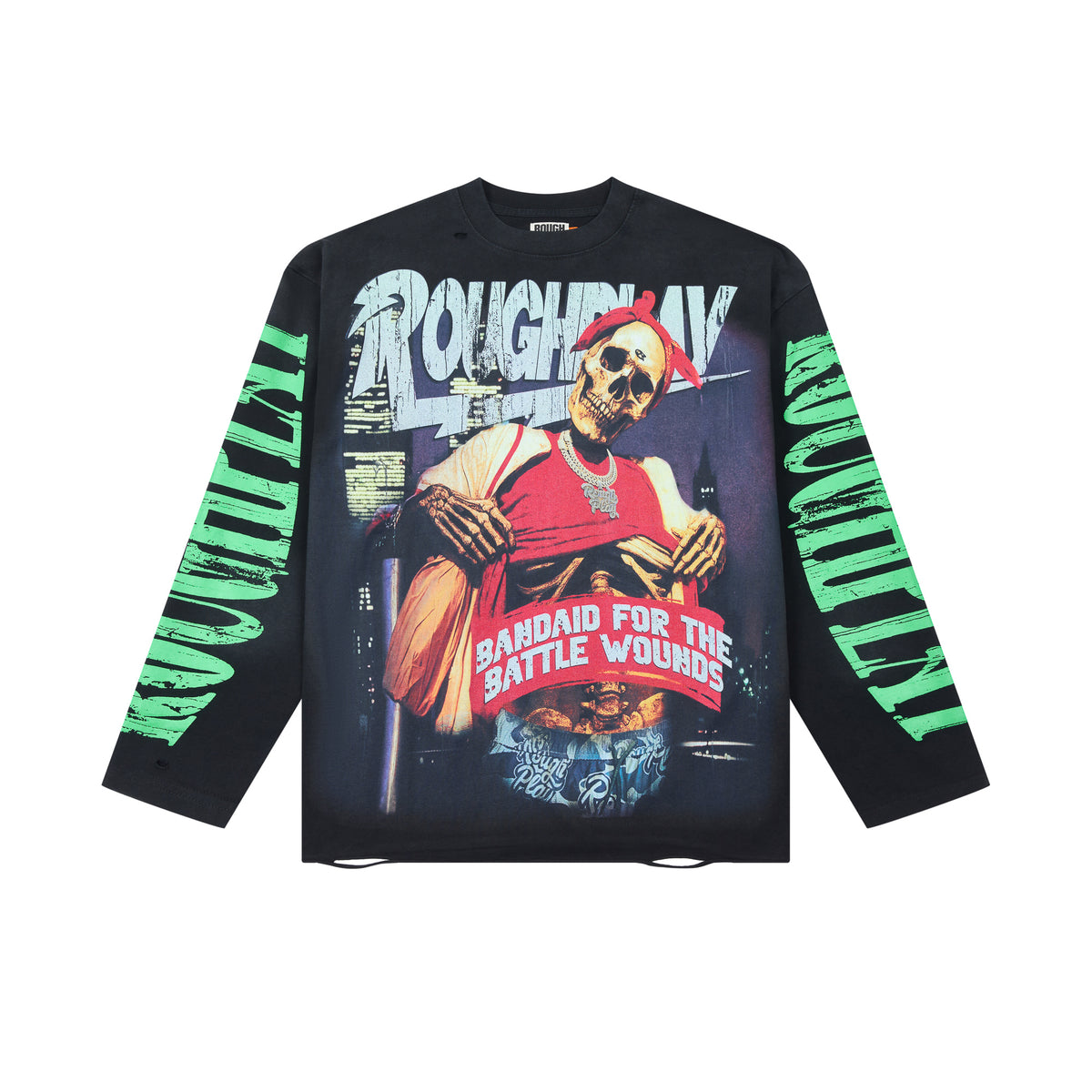 RoughPlay Skeleton Hip‑Hop Vintage Distressed Long Sleeve Tee