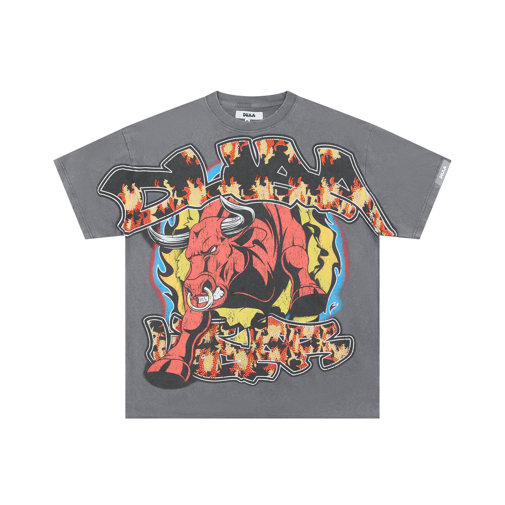 DUAA Charging Bull Fire Flame Vintage Graphic Oversized T‑Shirt