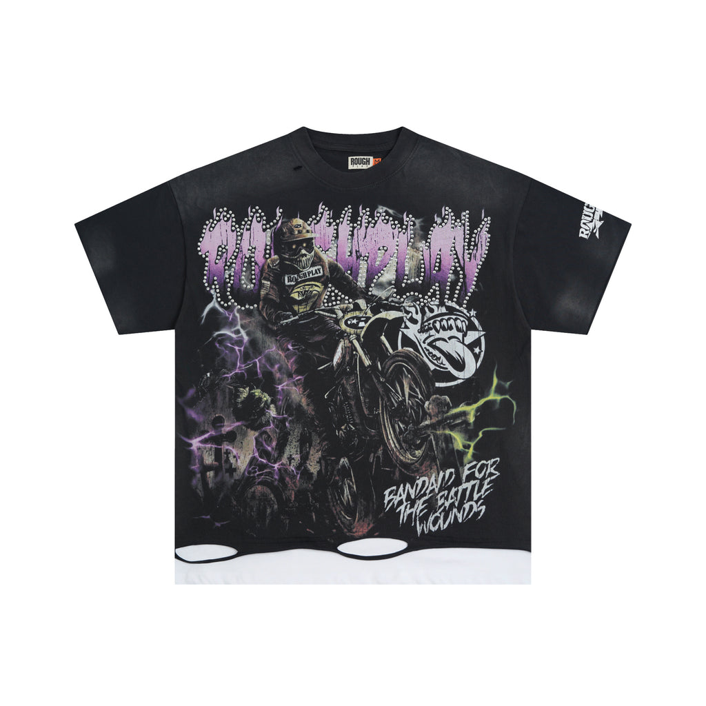 RoughPlay Dirt Bike Lightning Graphic Distressed Short‑Sleeve Tee Vintage Streetwear T‑Shirt