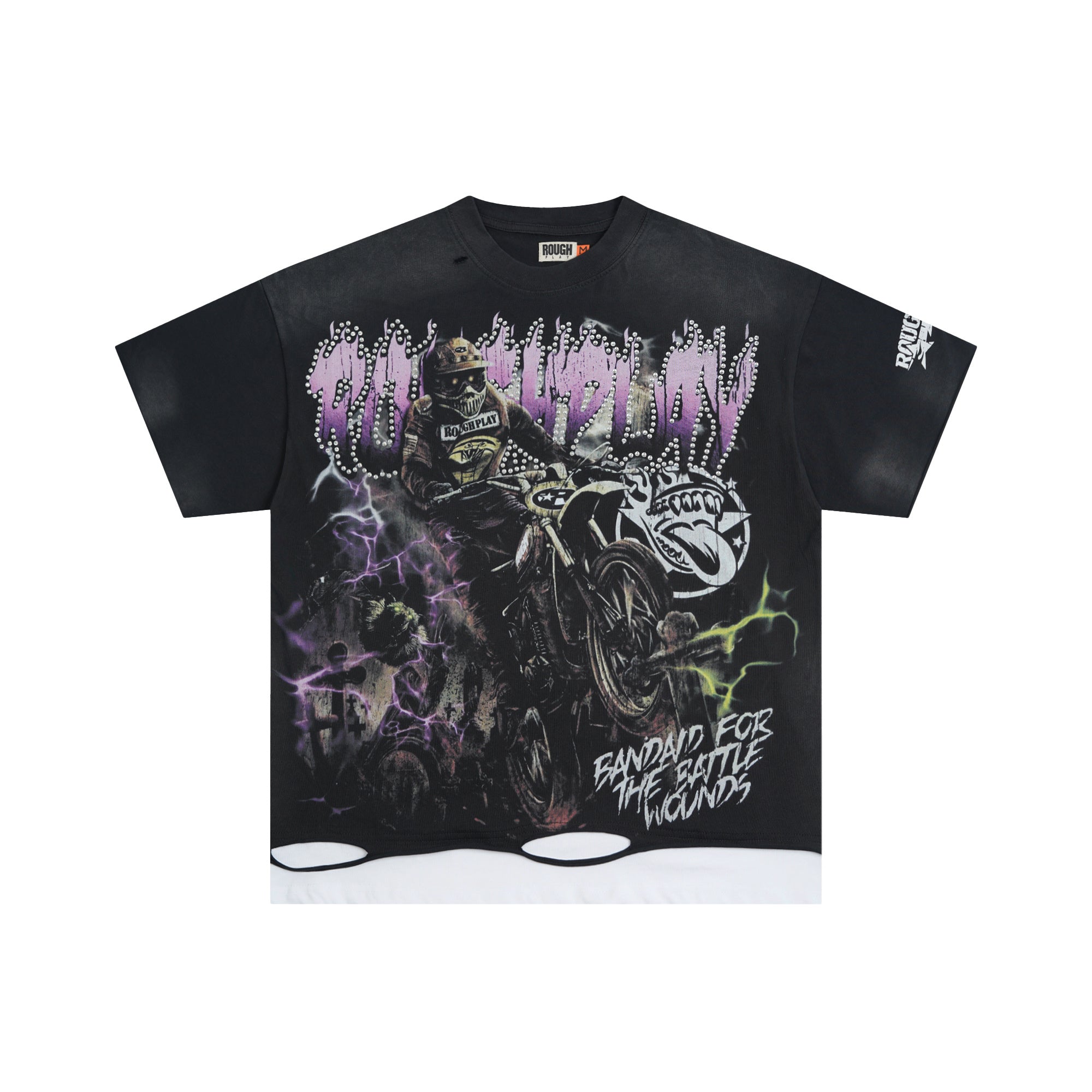 RoughPlay Dirt Bike Lightning Graphic Distressed Short‑Sleeve Tee Vintage Streetwear T‑Shirt