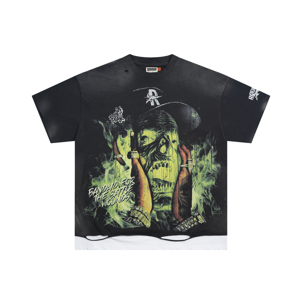RoughPlay Money Monster Graphic Distressed Short‑Sleeve Tee Vintage Streetwear T‑Shirt