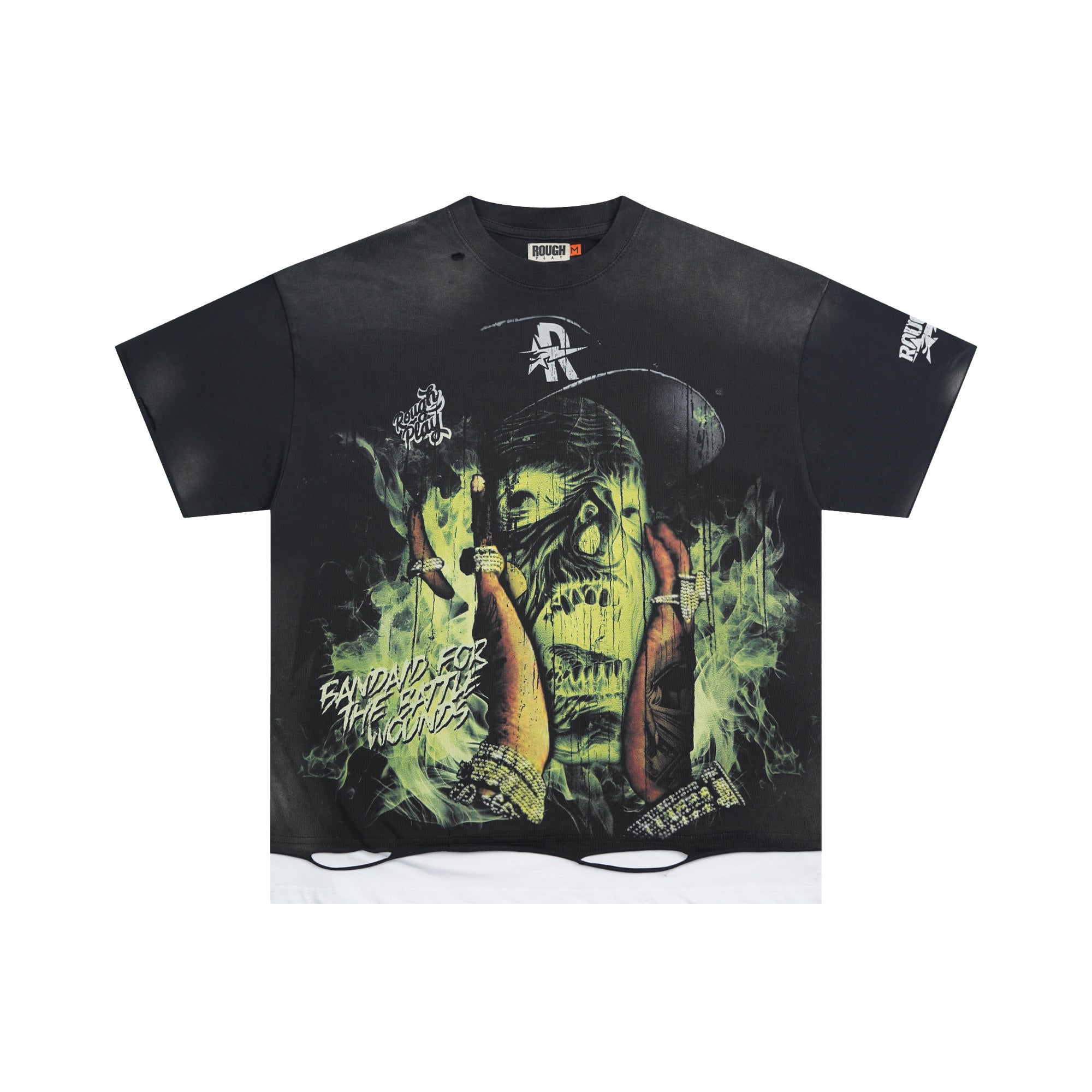 RoughPlay Money Monster Graphic Distressed Short‑Sleeve Tee Vintage Streetwear T‑Shirt