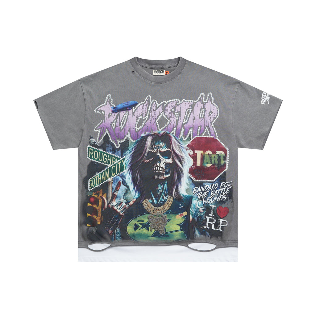 RoughPlay Rockstar Skeleton Graphic Distressed Short‑Sleeve Tee Vintage Streetwear T‑Shirt