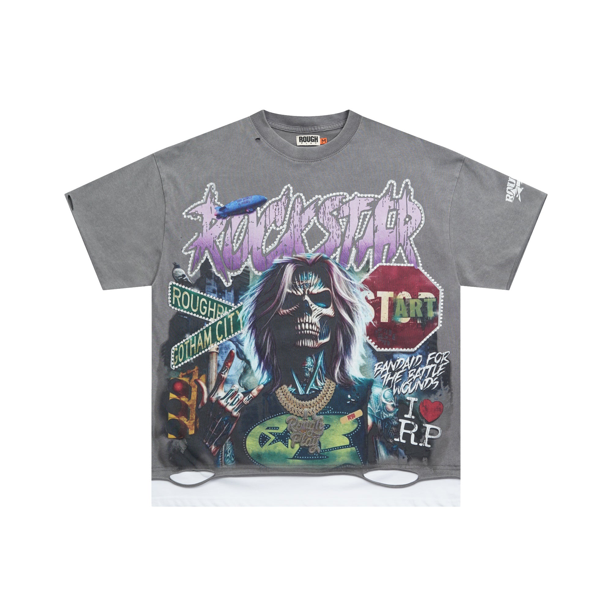 RoughPlay Rockstar Skeleton Graphic Distressed Short‑Sleeve Tee Vintage Streetwear T‑Shirt