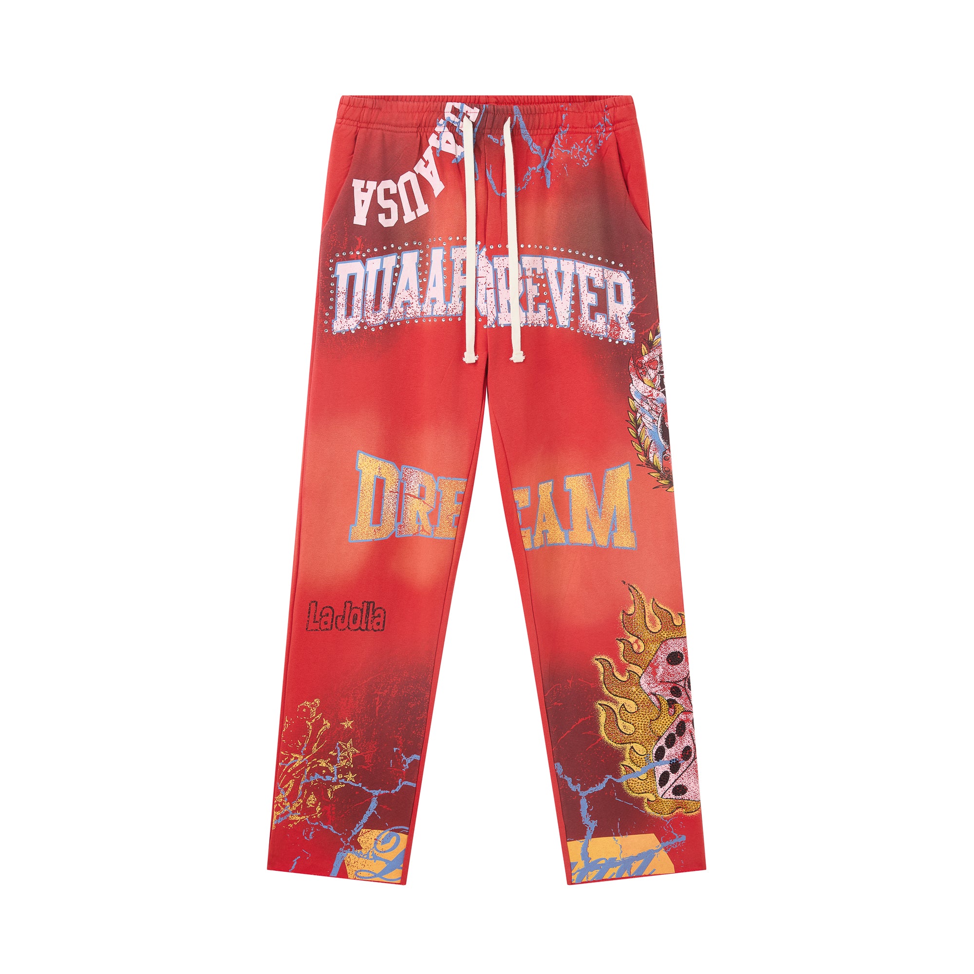 Red Gradient Letter Dice Graphic Wide Leg Pants