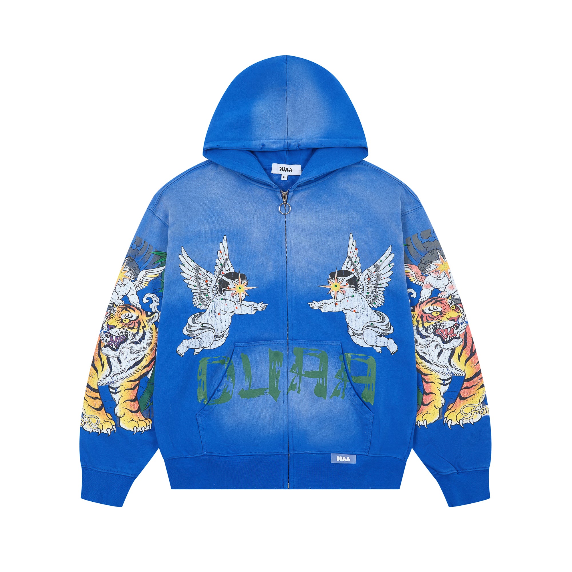 DUAA Angel Tiger Graphic Zip‑Up Hoodie Vintage Streetwear Hooded Jacket