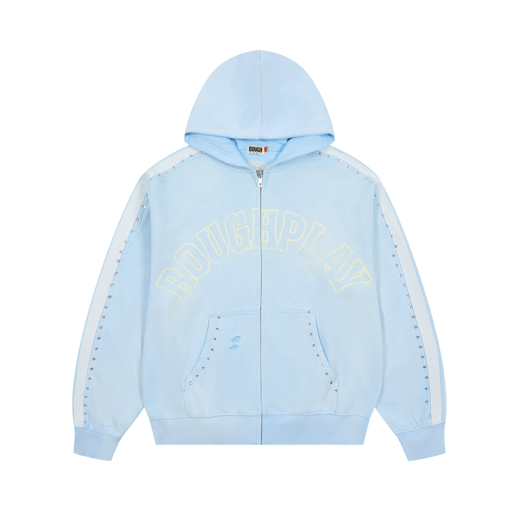 RoughPlay Baby Blue Varsity Stripe Zip‑Up Vintage Hoodie