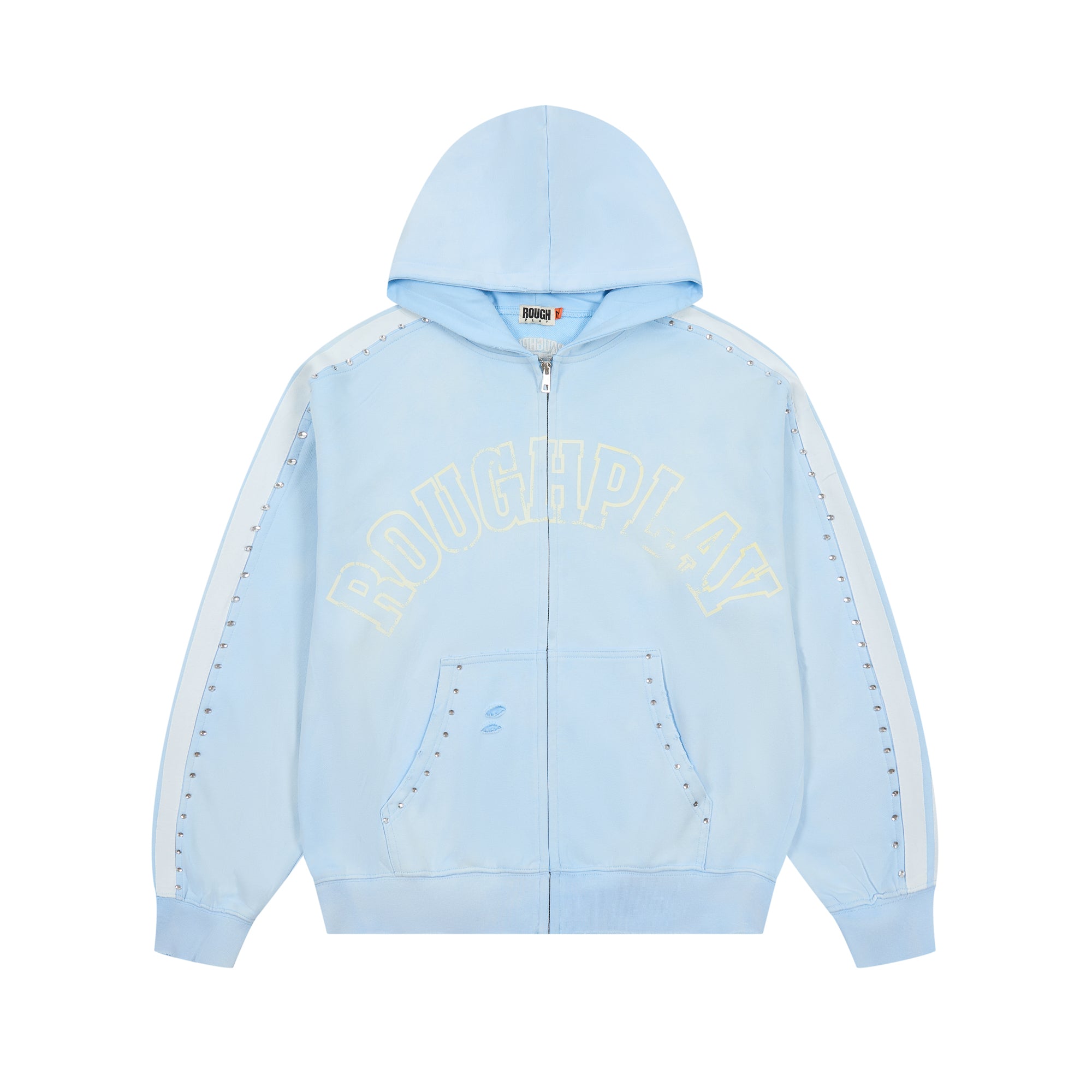 RoughPlay Baby Blue Varsity Stripe Zip‑Up Vintage Hoodie