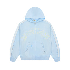 RoughPlay Baby Blue Varsity Stripe Zip‑Up Vintage Hoodie