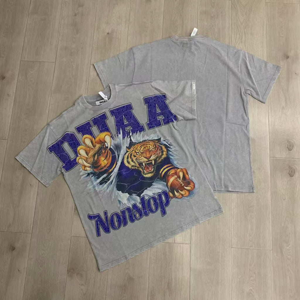 DUAA Nonstop Tiger Vintage Football Graphic Oversized T‑Shirt