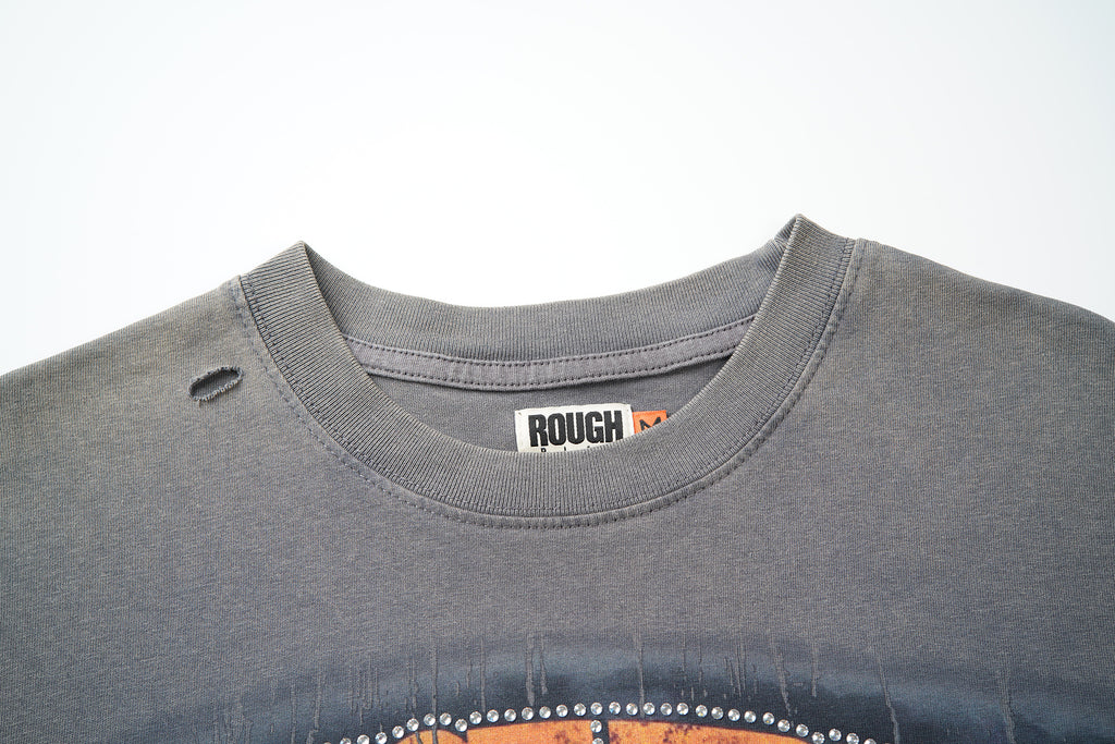 RoughPlay Urban Figure Explosion Scene Graphic Distressed Short‑Sleeve Tee Vintage Streetwear T‑Shirt