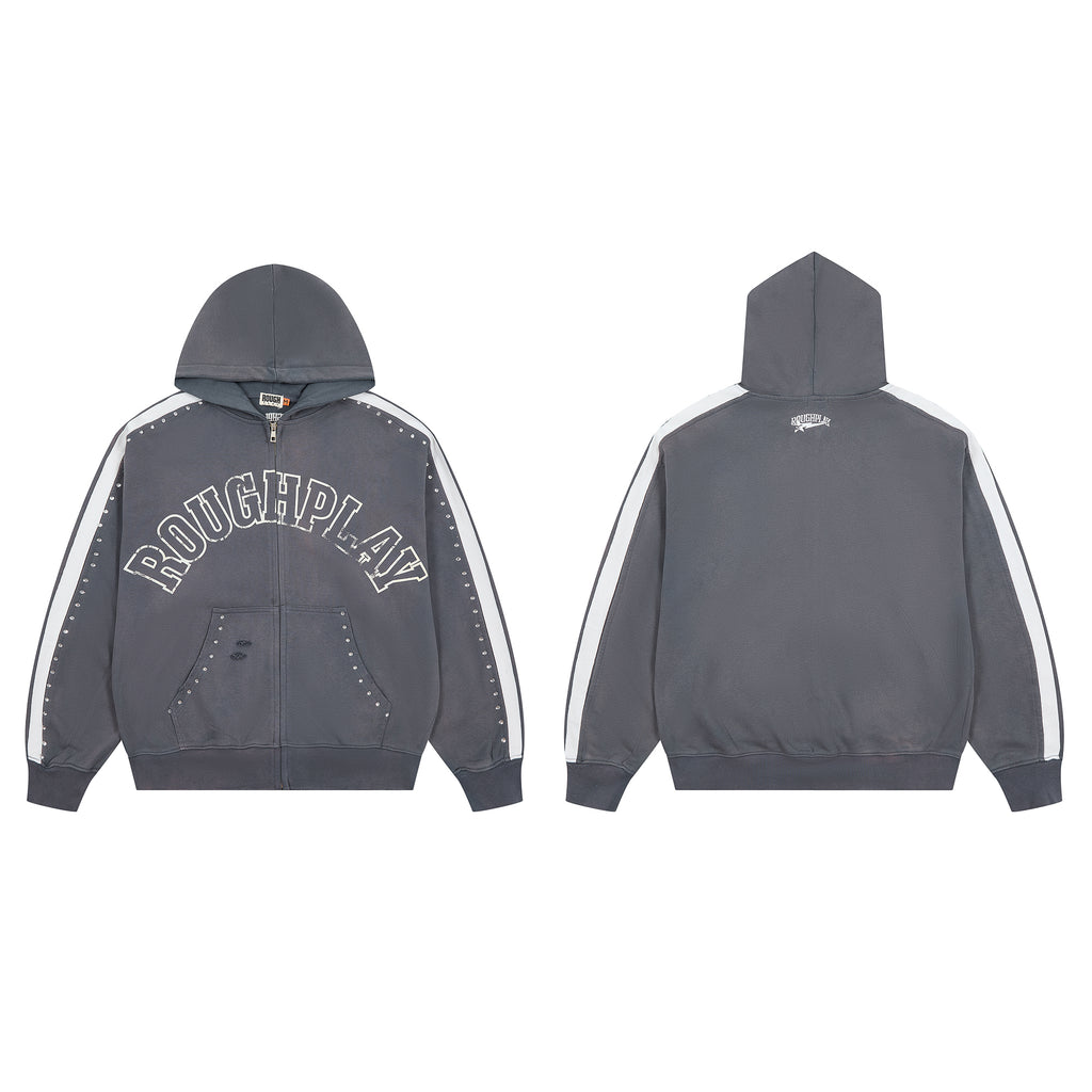 RoughPlay Dark Grey Varsity Stripe Zip‑Up Vintage Hoodie