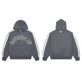 RoughPlay Dark Grey Varsity Stripe Zip‑Up Vintage Hoodie