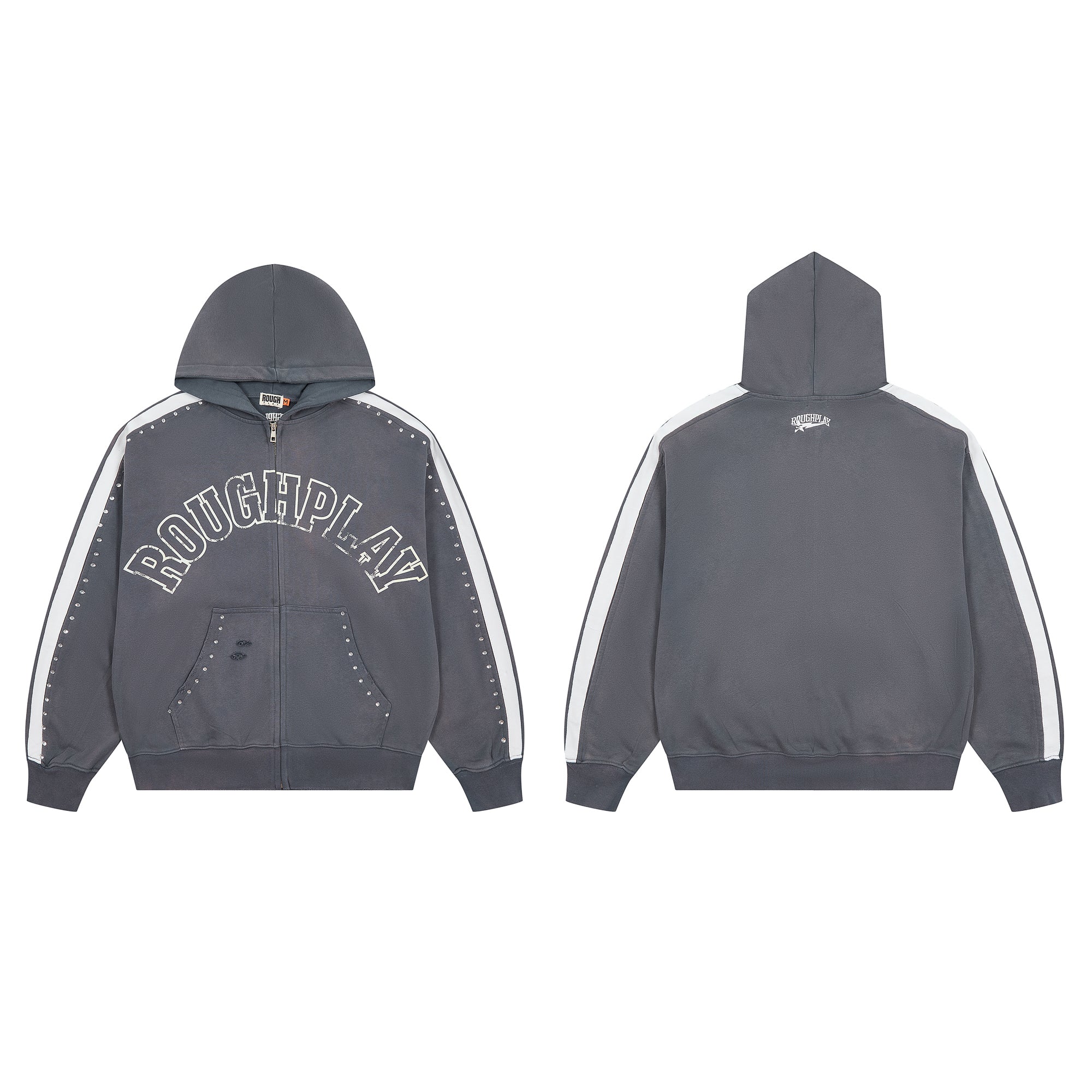 RoughPlay Dark Grey Varsity Stripe Zip‑Up Vintage Hoodie