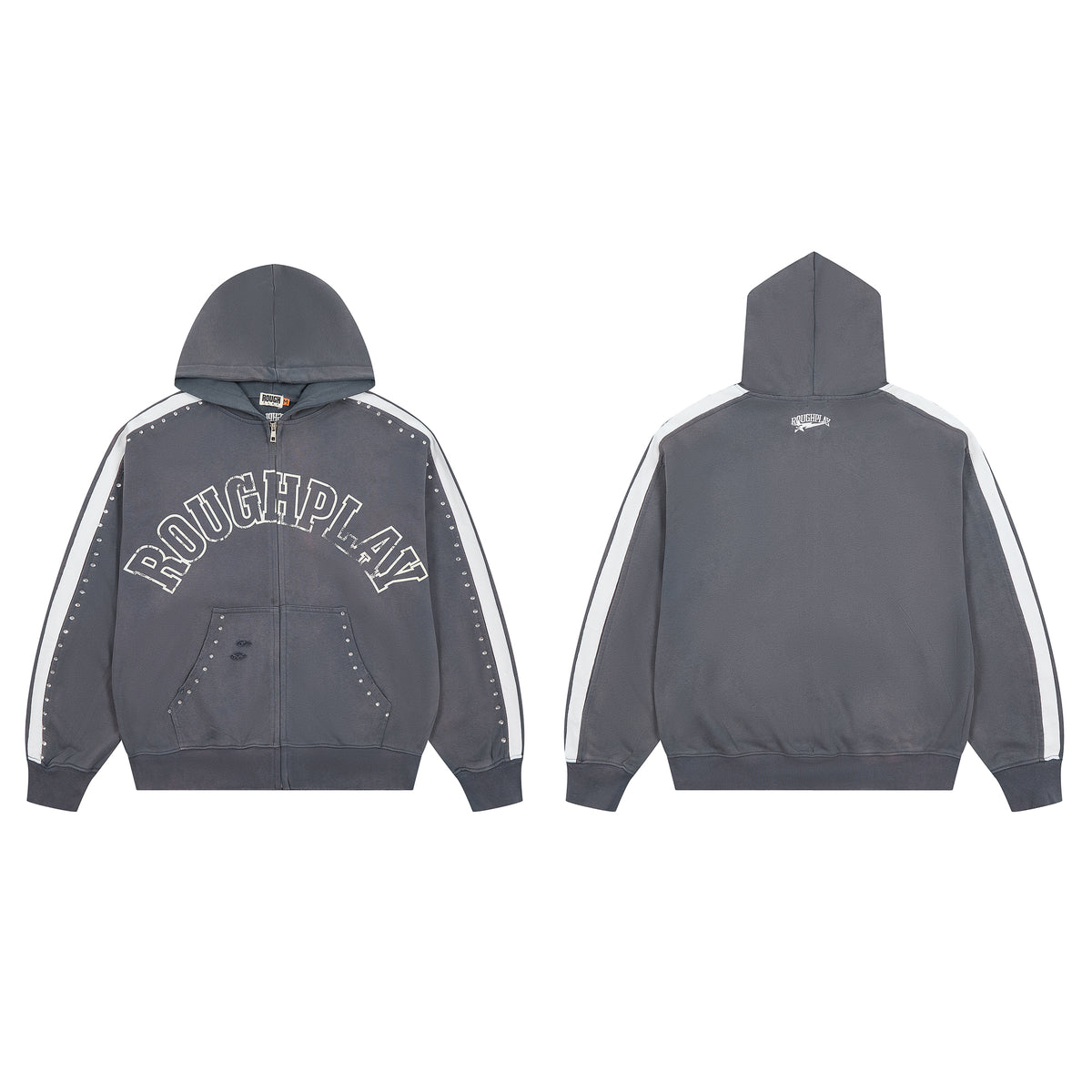 RoughPlay Dark Grey Varsity Stripe Zip‑Up Vintage Hoodie