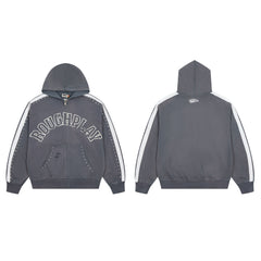 RoughPlay Dark Grey Varsity Stripe Zip‑Up Vintage Hoodie