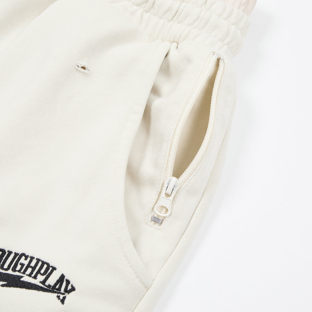 RoughPlay Cream Side Stripe Black Letter Straight Leg Sweatpants