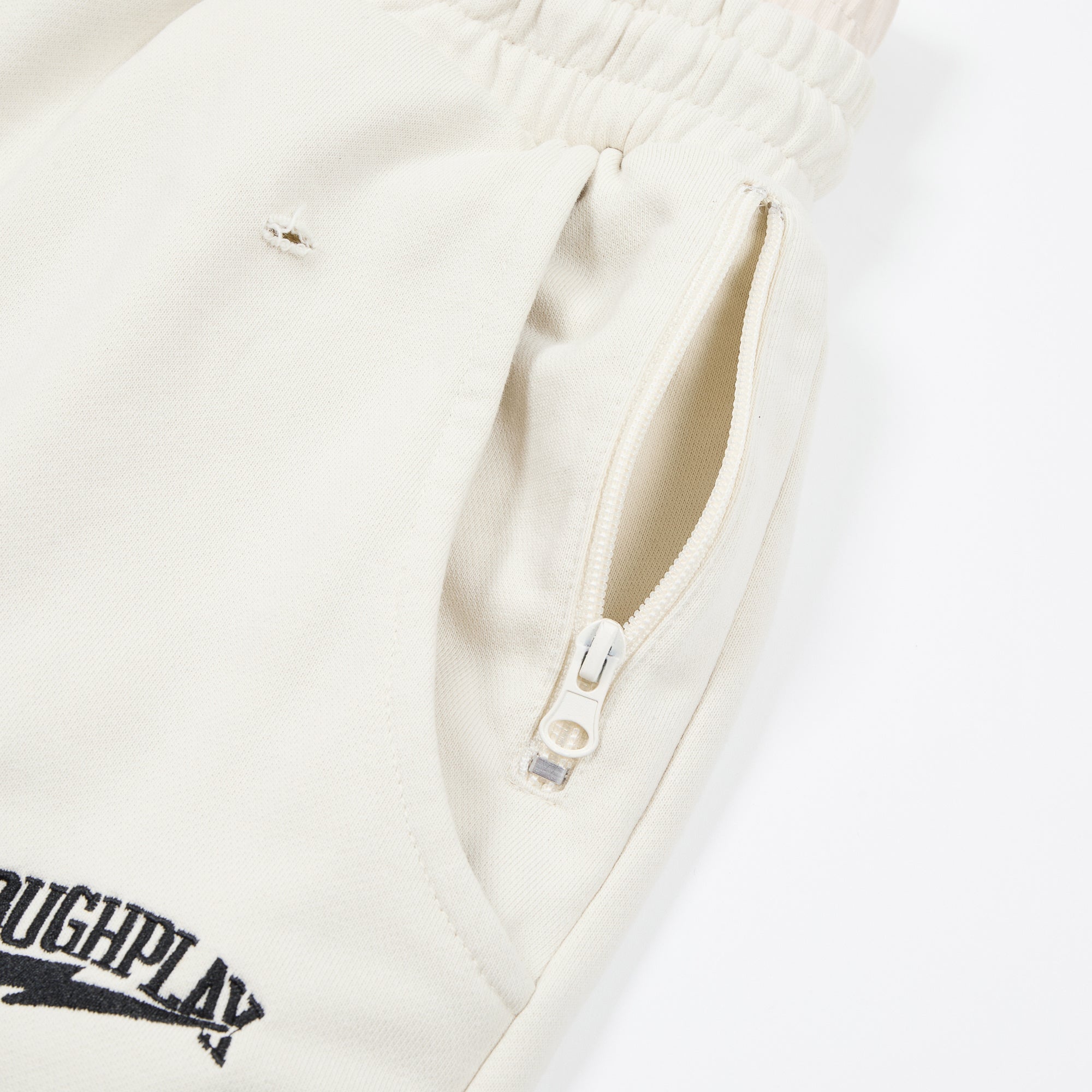 RoughPlay Cream Side Stripe Black Letter Straight Leg Sweatpants