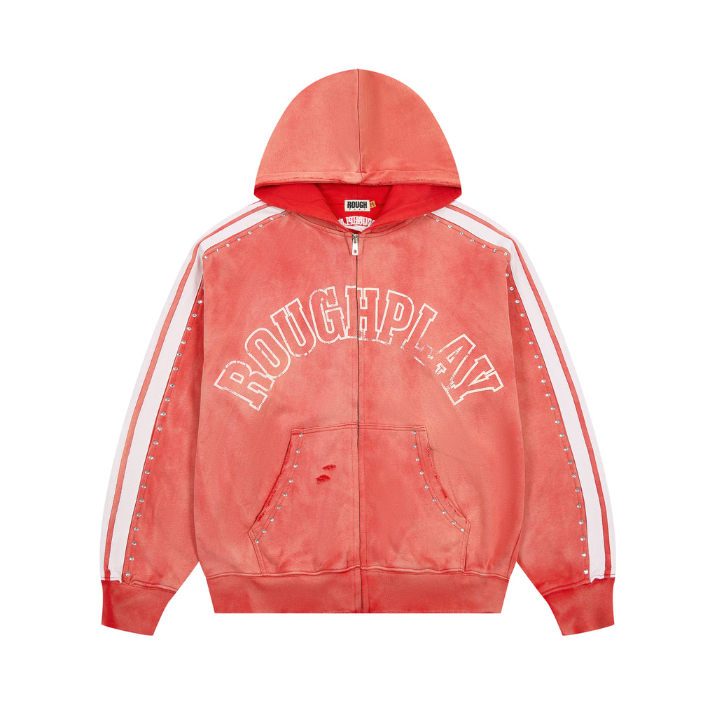RoughPlay Red Tie‑Dye Varsity Stripe Zip‑Up Vintage Hoodie