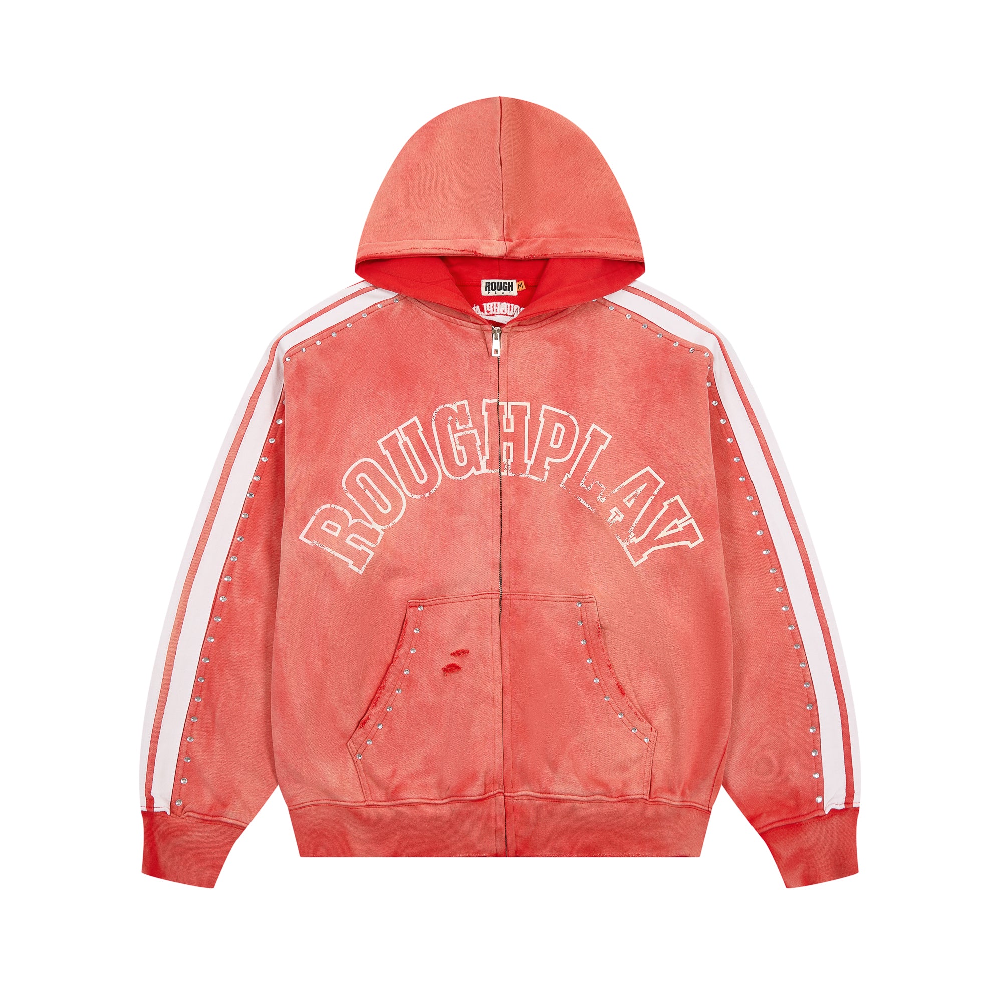 RoughPlay Red Tie‑Dye Varsity Stripe Zip‑Up Vintage Hoodie
