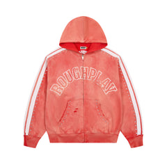 RoughPlay Red Tie‑Dye Varsity Stripe Zip‑Up Vintage Hoodie