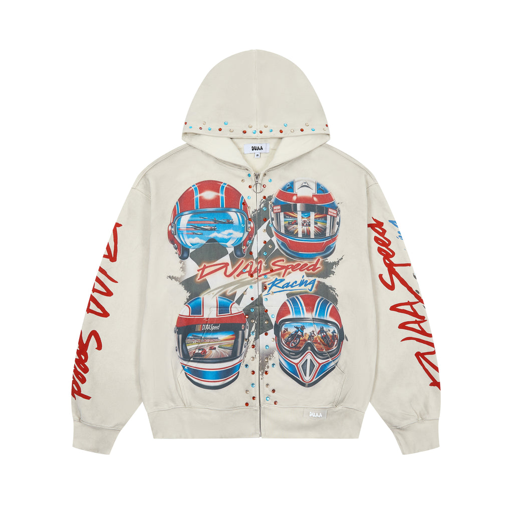 DUAA Racing Helmet Graphic Zip‑Up Hoodie Vintage Streetwear Hooded Jacket