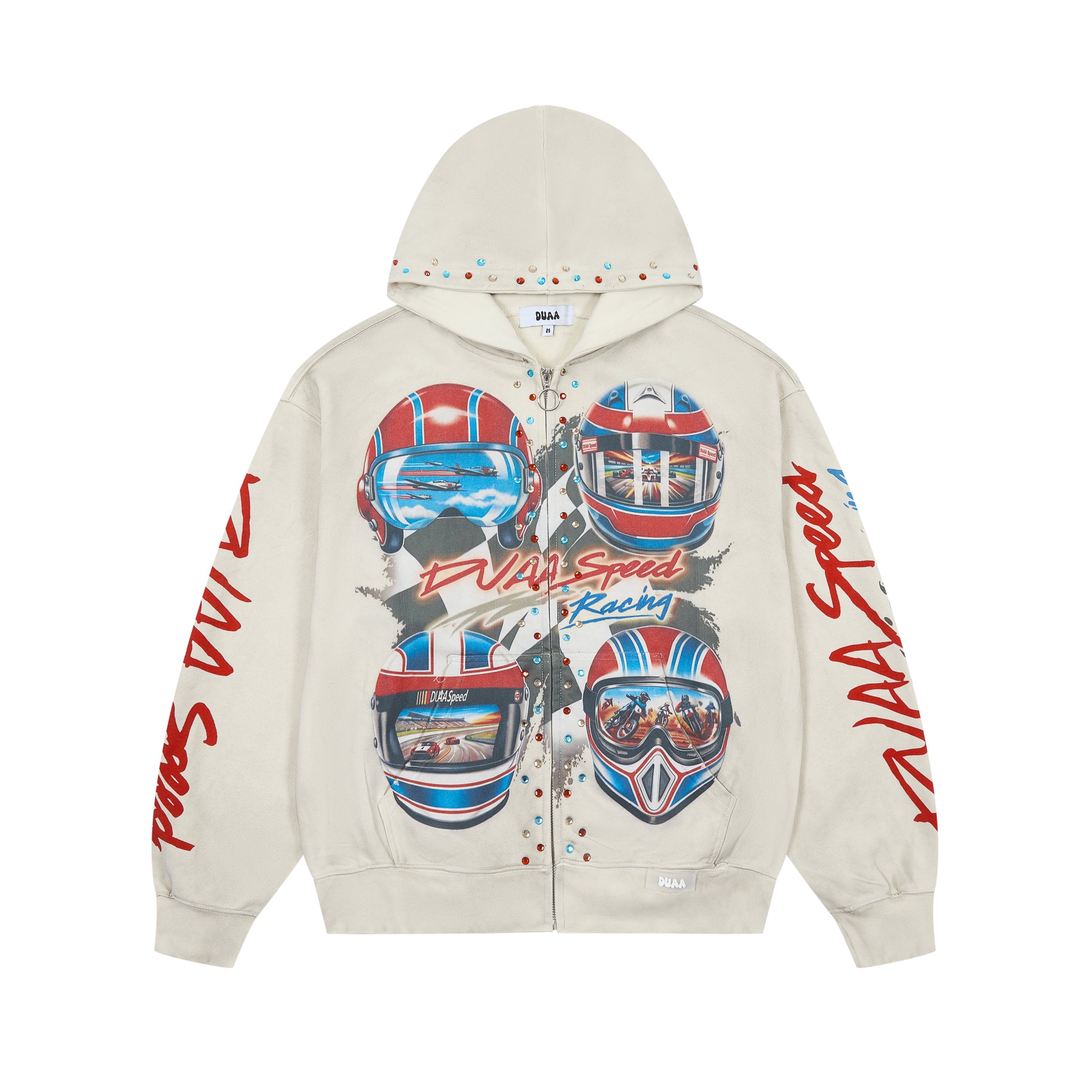 DUAA Racing Helmet Graphic Zip‑Up Hoodie Vintage Streetwear Hooded Jacket