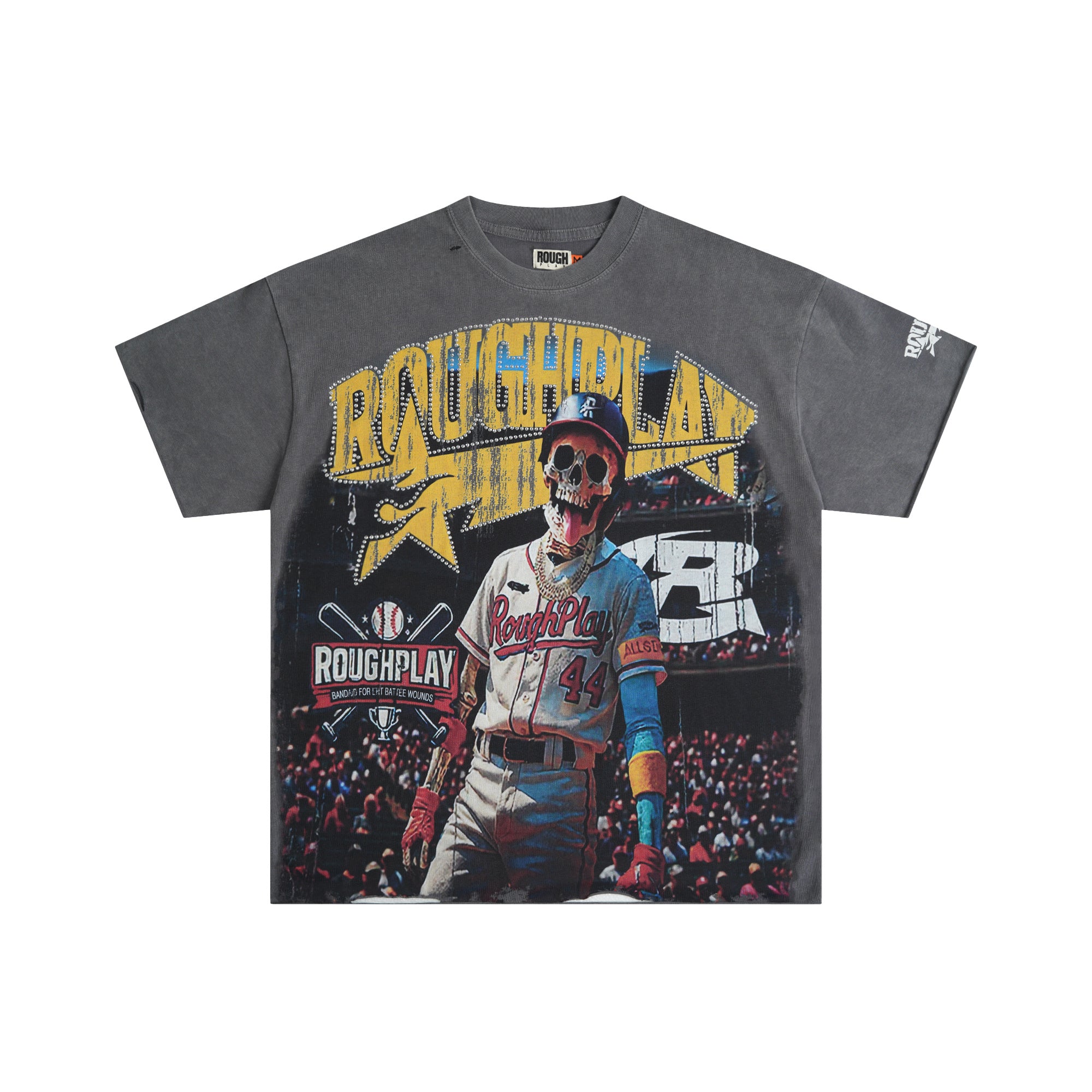 RoughPlay Skeleton Baseball Player Graphic Distressed Short‑Sleeve Tee Vintage Streetwear T‑Shirt