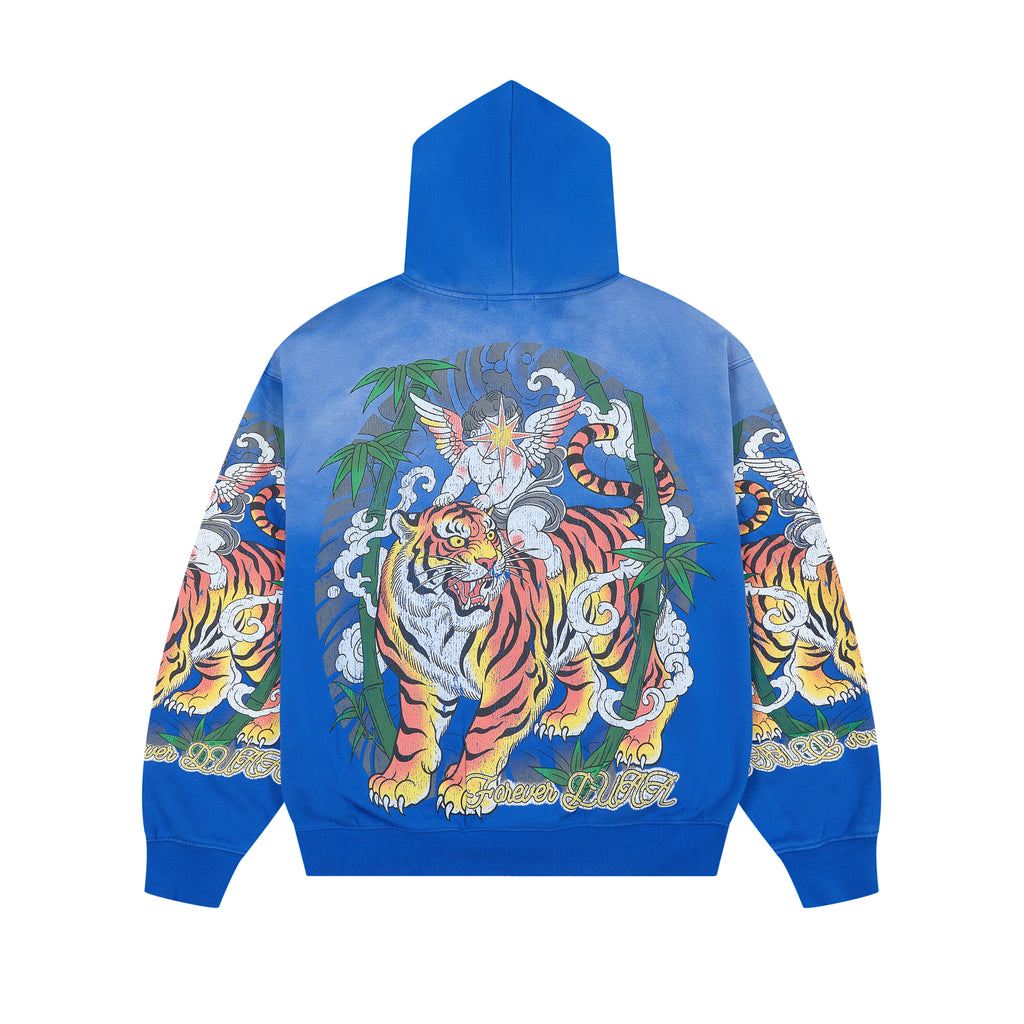 DUAA Angel Tiger Graphic Zip‑Up Hoodie Vintage Streetwear Hooded Jacket