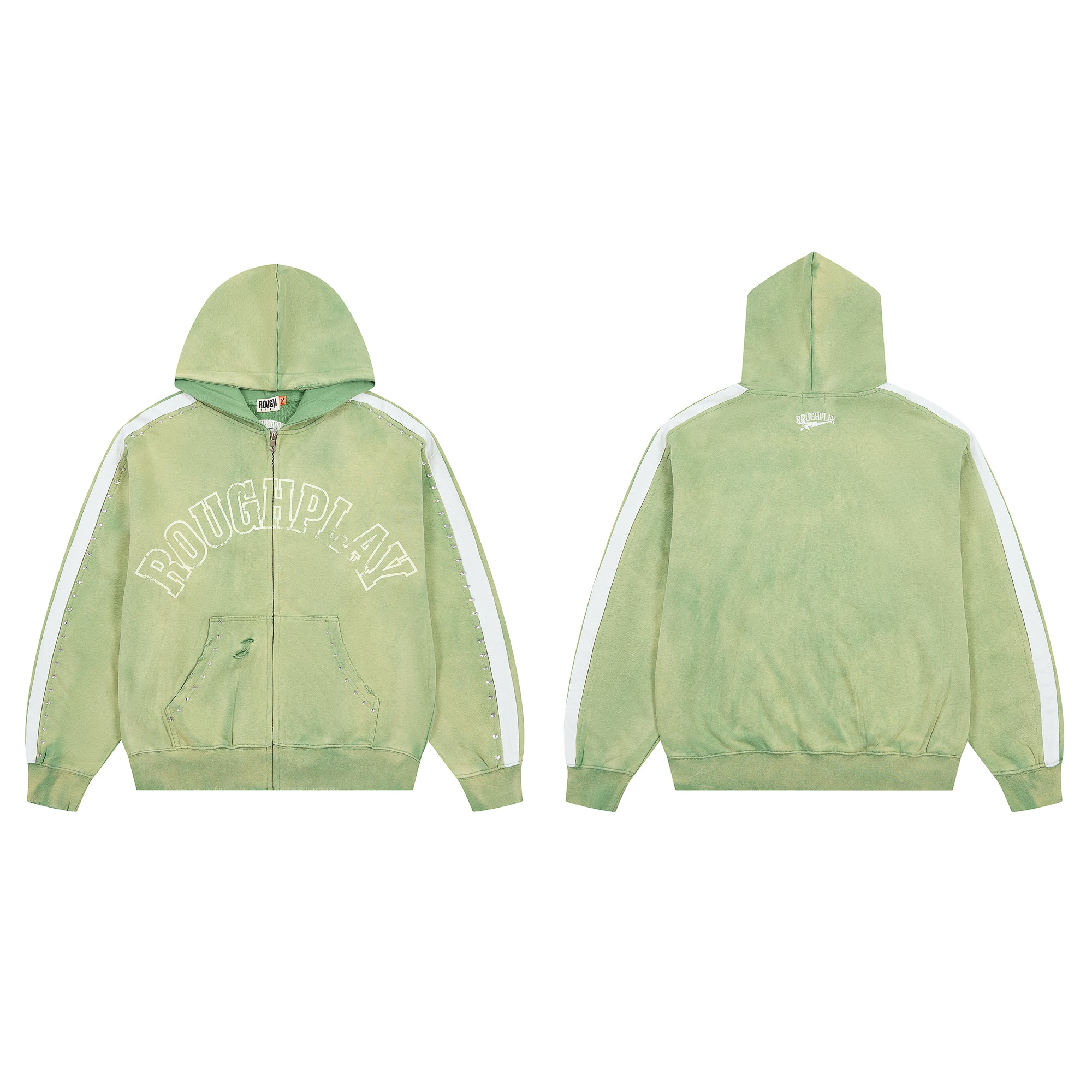 RoughPlay Green Tie‑Dye Varsity Stripe Zip‑Up Vintage Hoodie